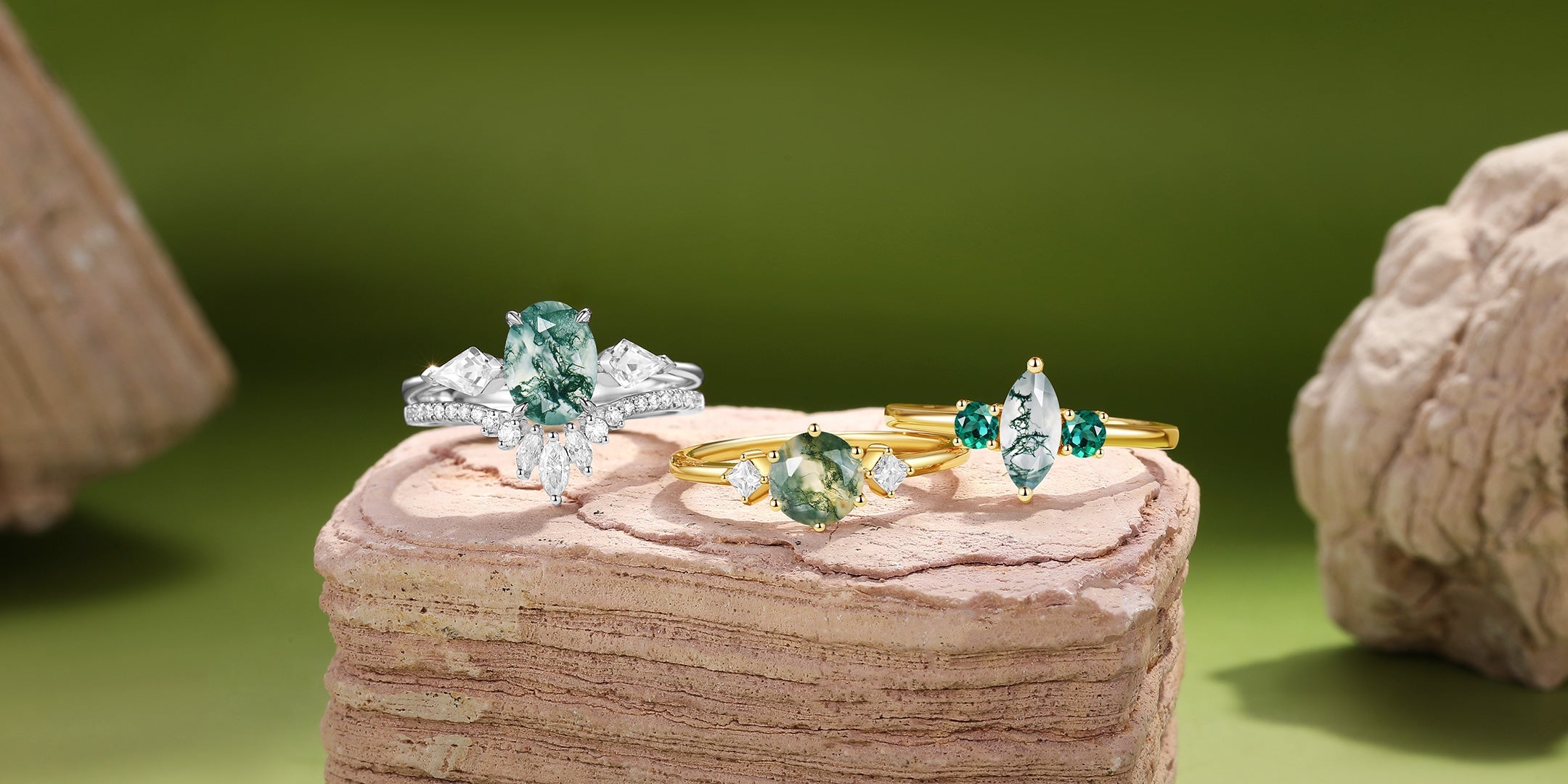 Three Stone Moss Agate Rings