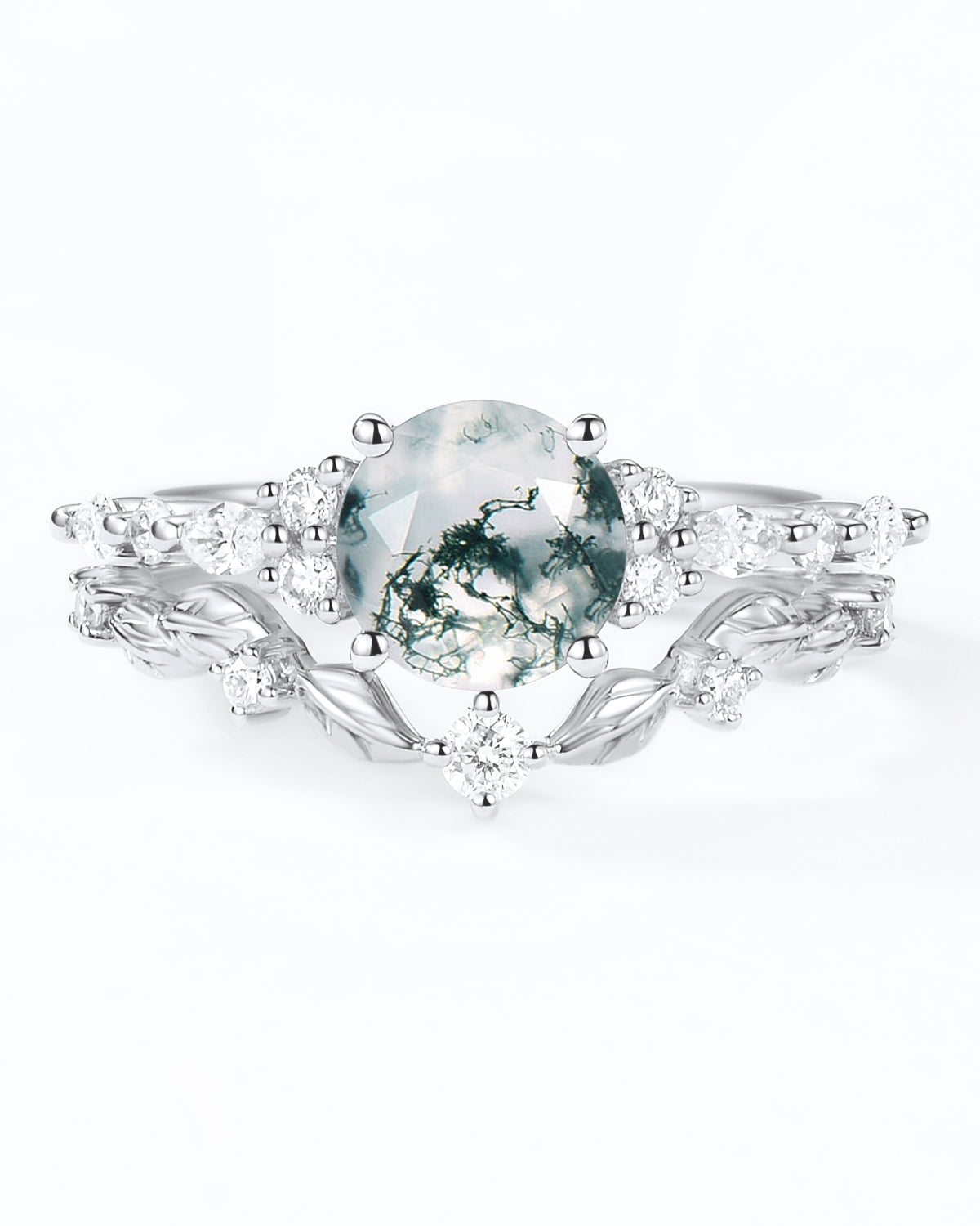 Round Shaped Leafy Moss Agate Engagement Ring Sets