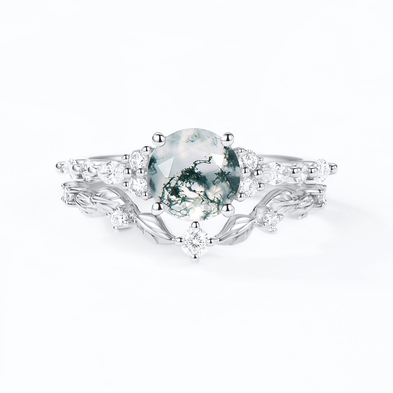 Round Shaped Leafy Moss Agate Engagement Ring Sets