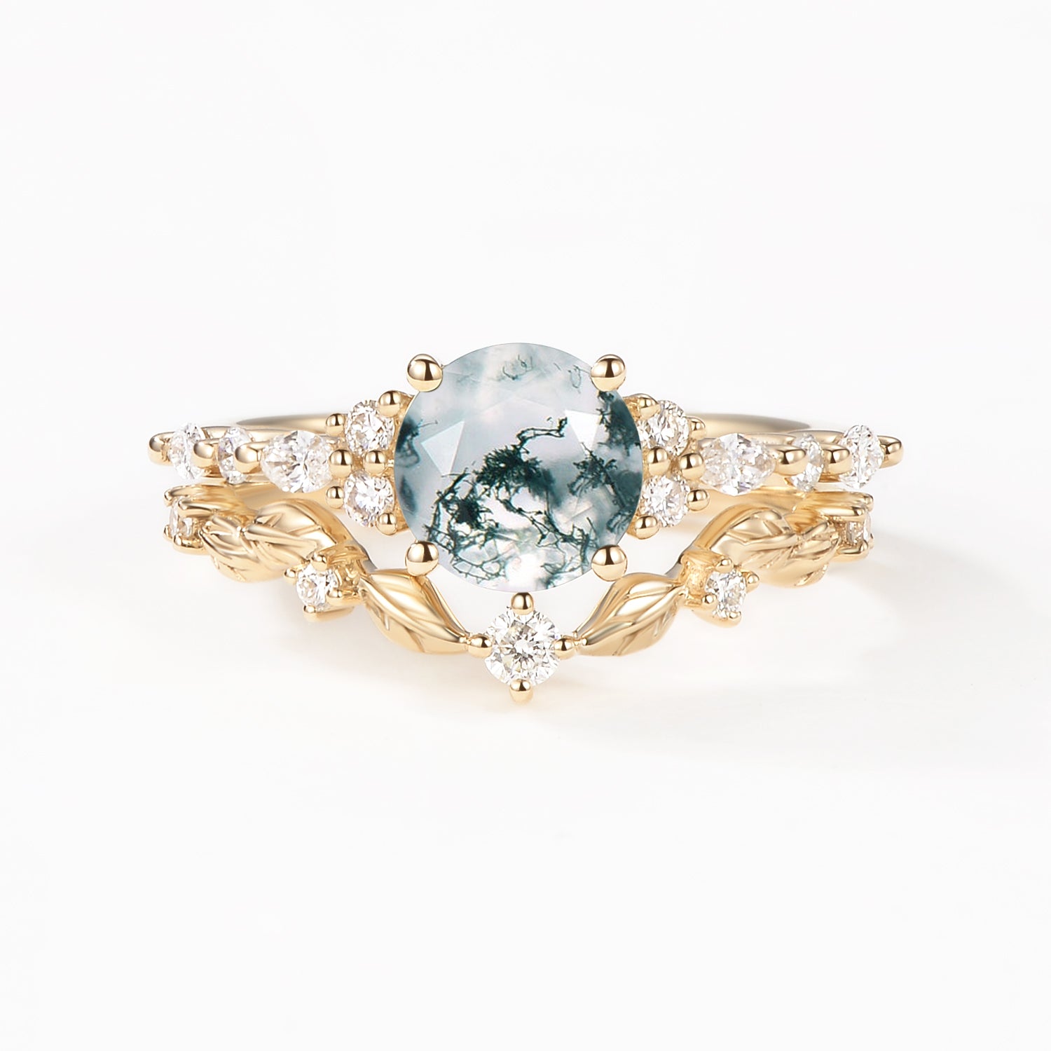 Round Shaped Leafy Moss Agate Engagement Ring Sets