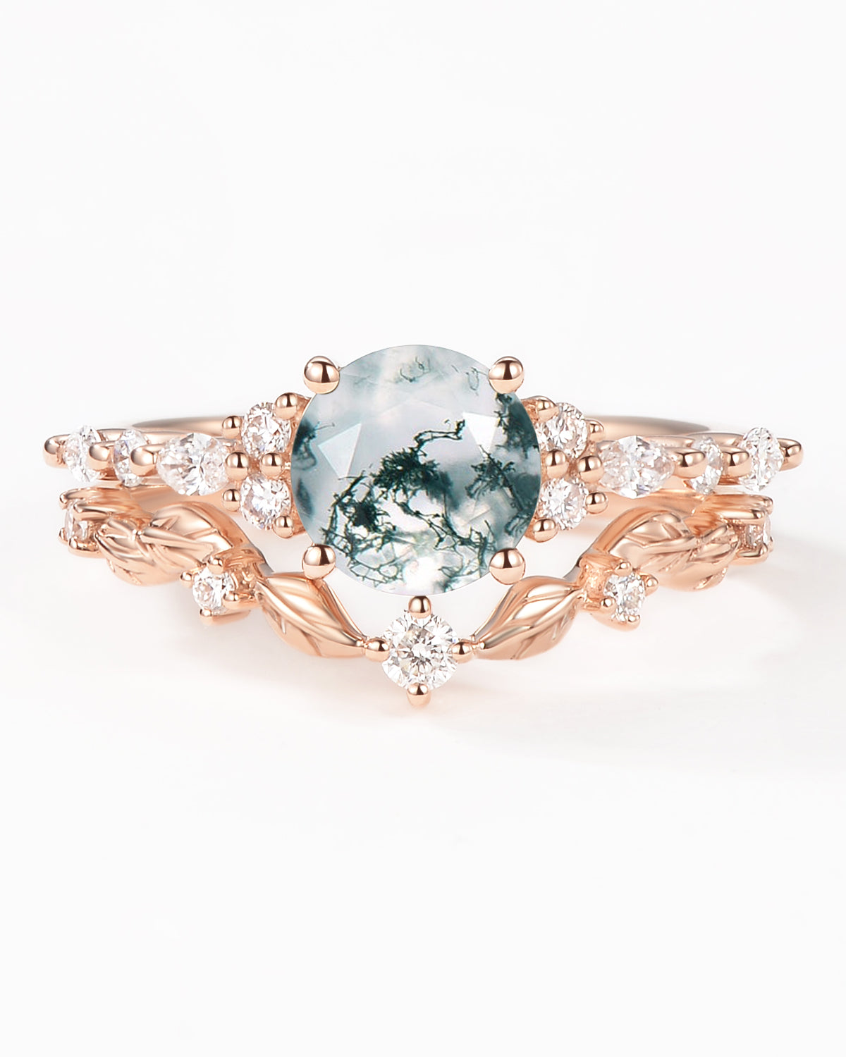Round Shaped Leafy Moss Agate Engagement Ring Sets