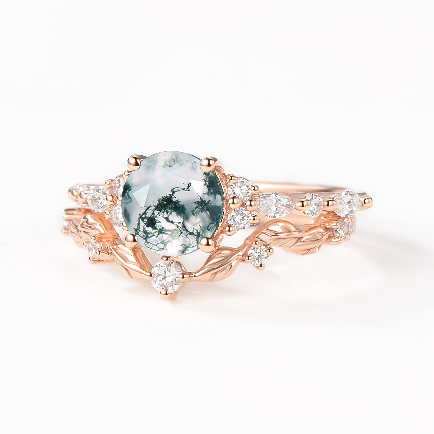Round Shaped Leafy Moss Agate Engagement Ring Sets