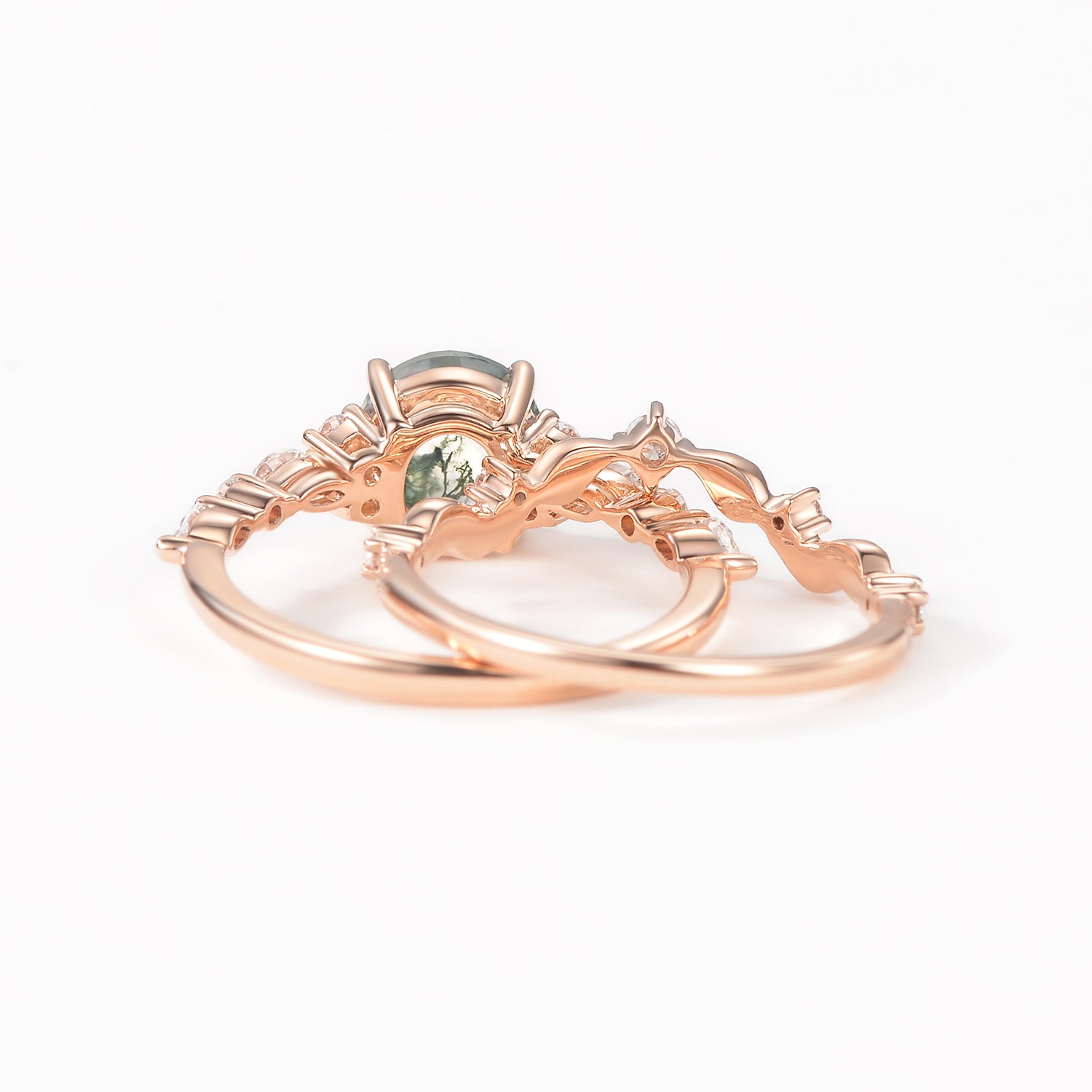 Round Shaped Leafy Moss Agate Engagement Ring Sets