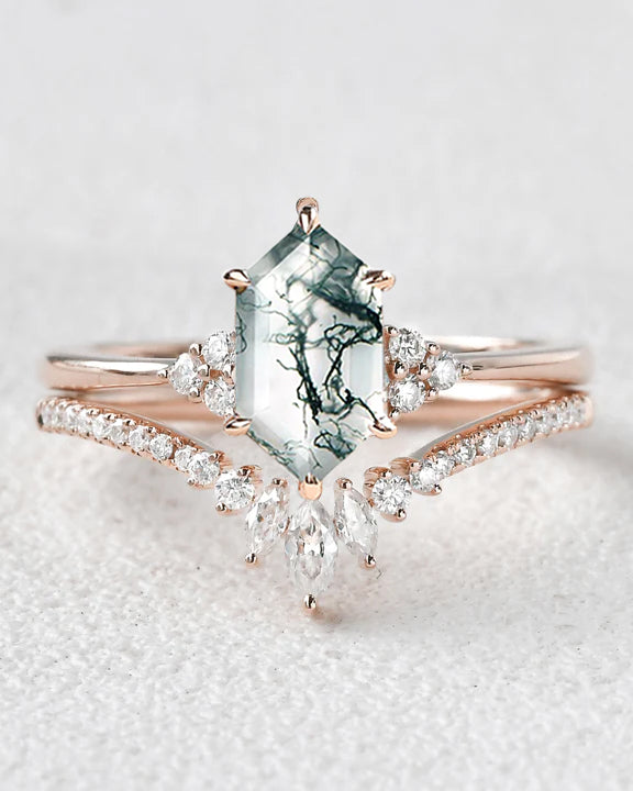 Long Hexagon Moss Agate Bridal Ring Set 2pcs