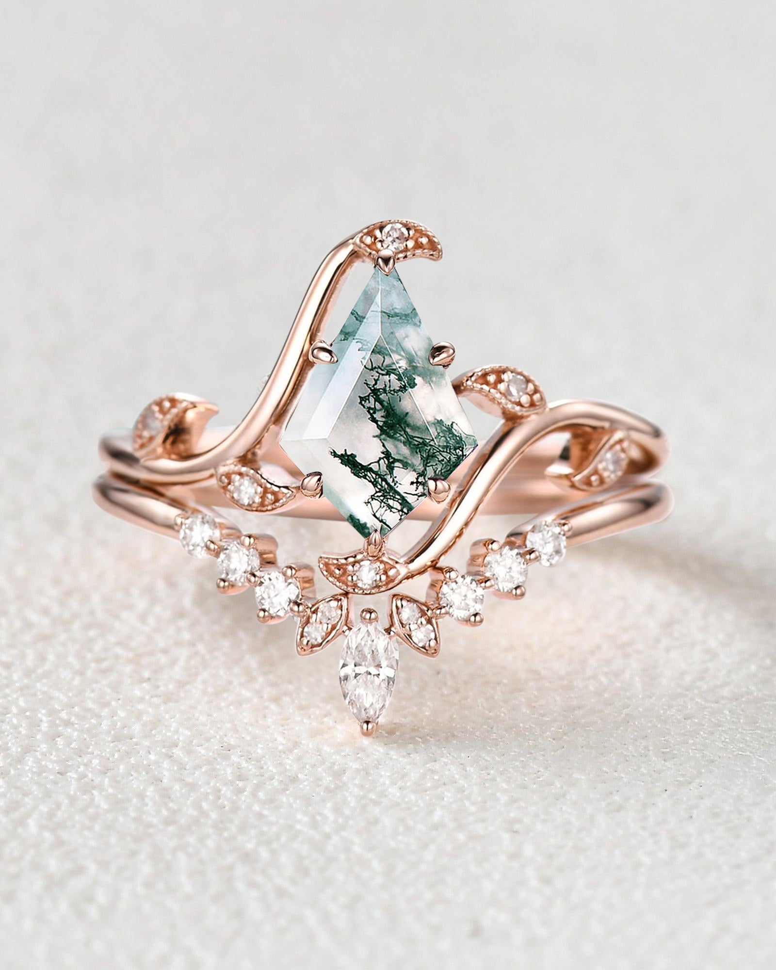 Unique Kite Cut Moss Agate Leafy Engagement Ring Sets 2pcs - Ivy