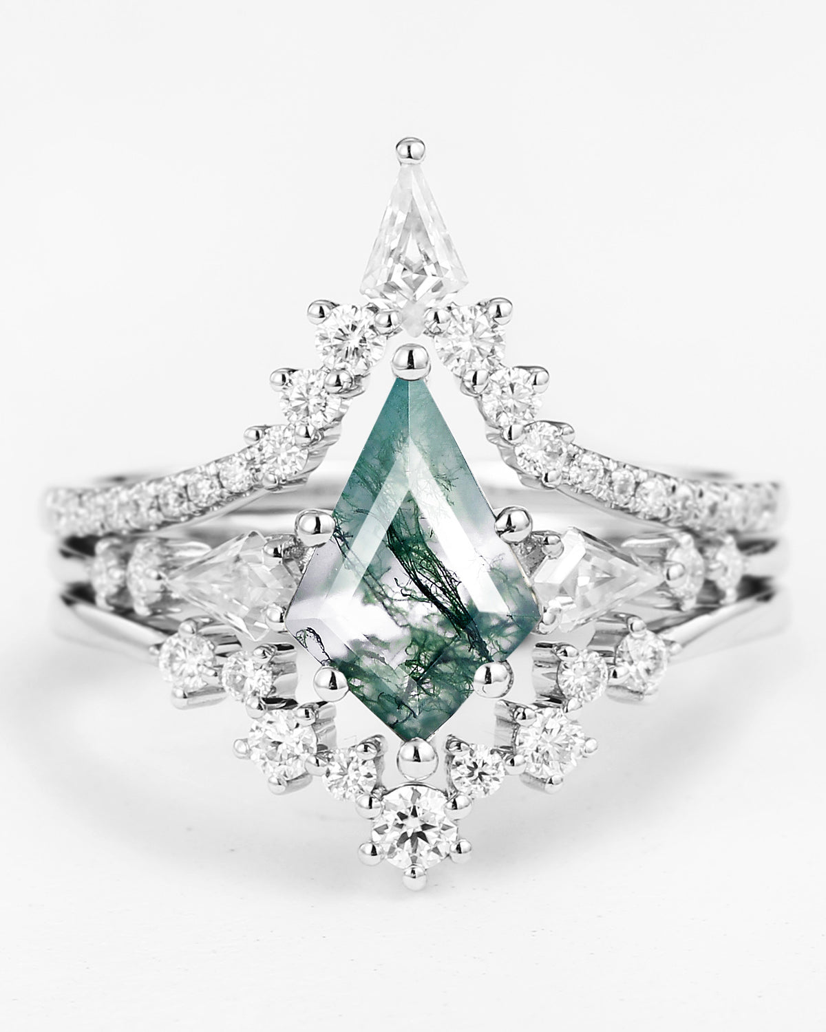 Kite Cut Moss Agate Engagement Ring Set 3pcs
