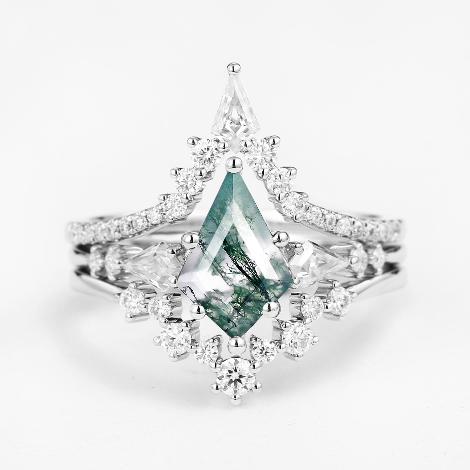 Kite Cut Moss Agate Engagement Ring Set 3pcs