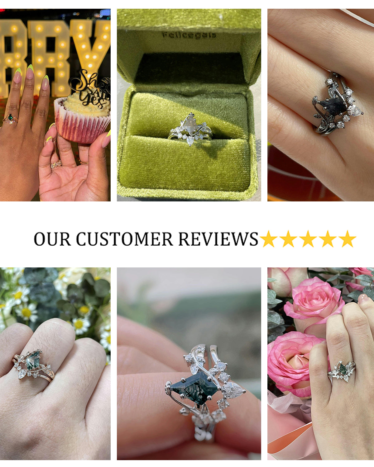 Unique Kite Cut Moss Agate Leafy Bridal Ring Sets 2pcs - Willow