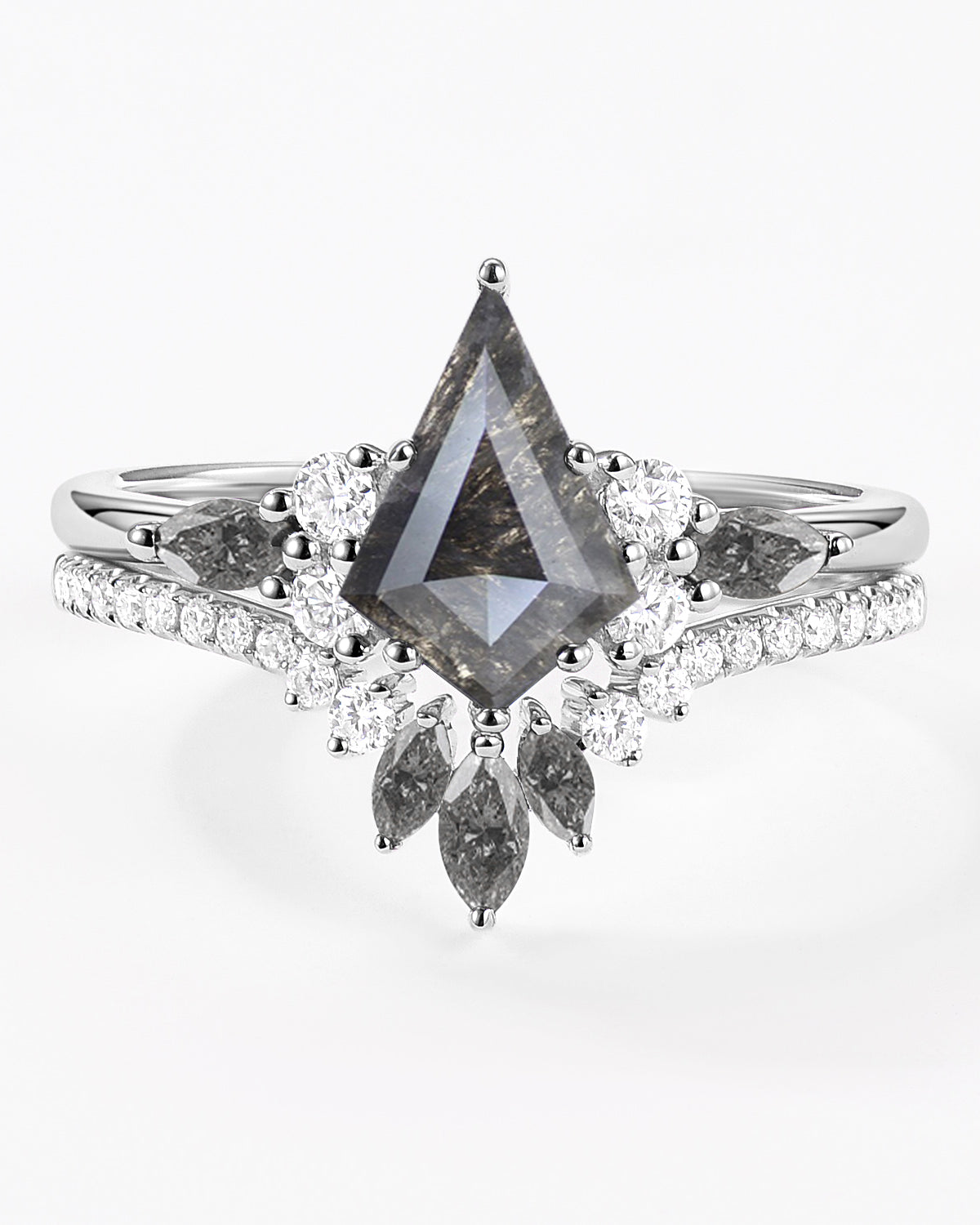 Kite Cut Salt and Pepper Diamonds Cluster Engagement Ring Set 2pcs - Rebecca