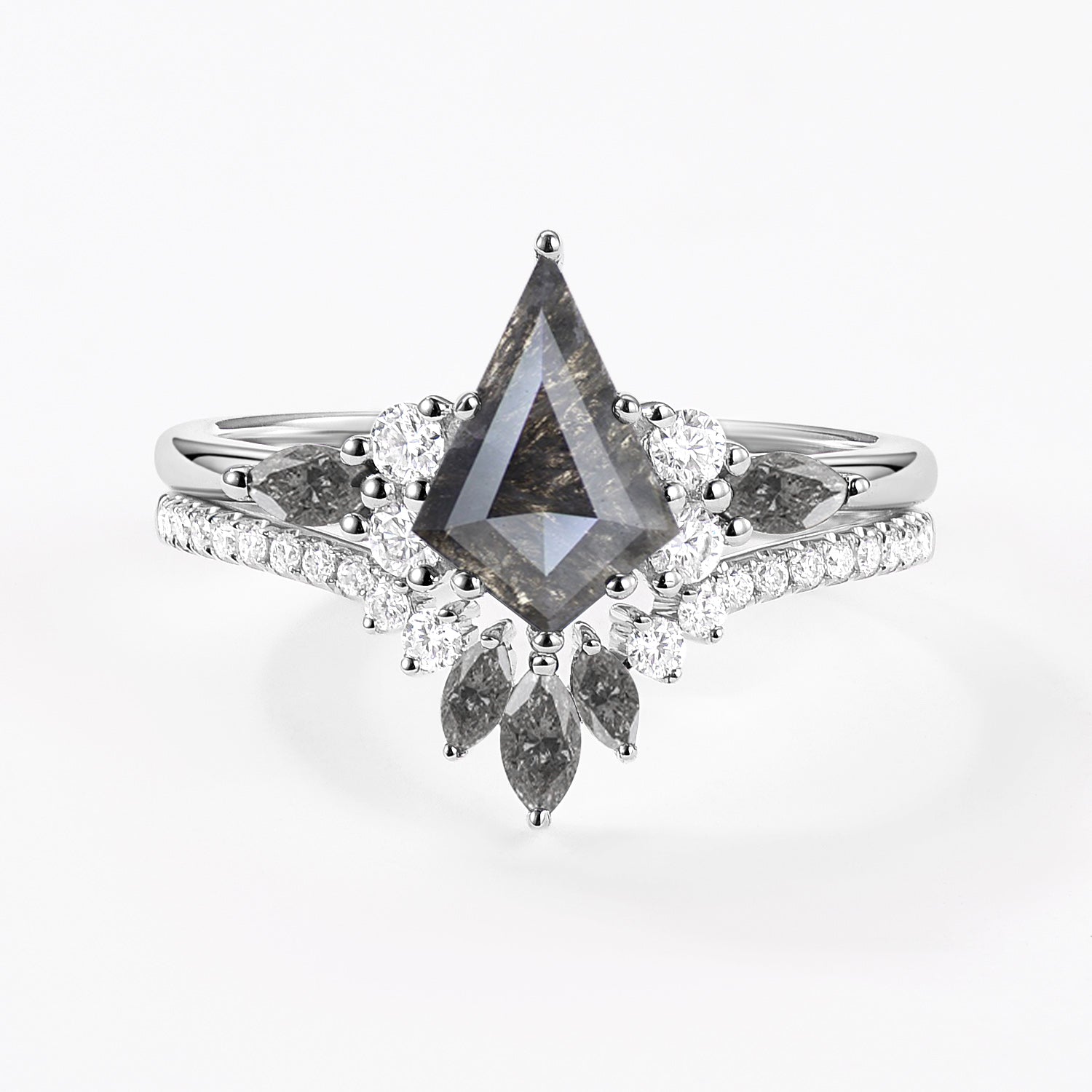 Kite Cut Salt and Pepper Diamonds Cluster Engagement Ring Set 2pcs - Rebecca