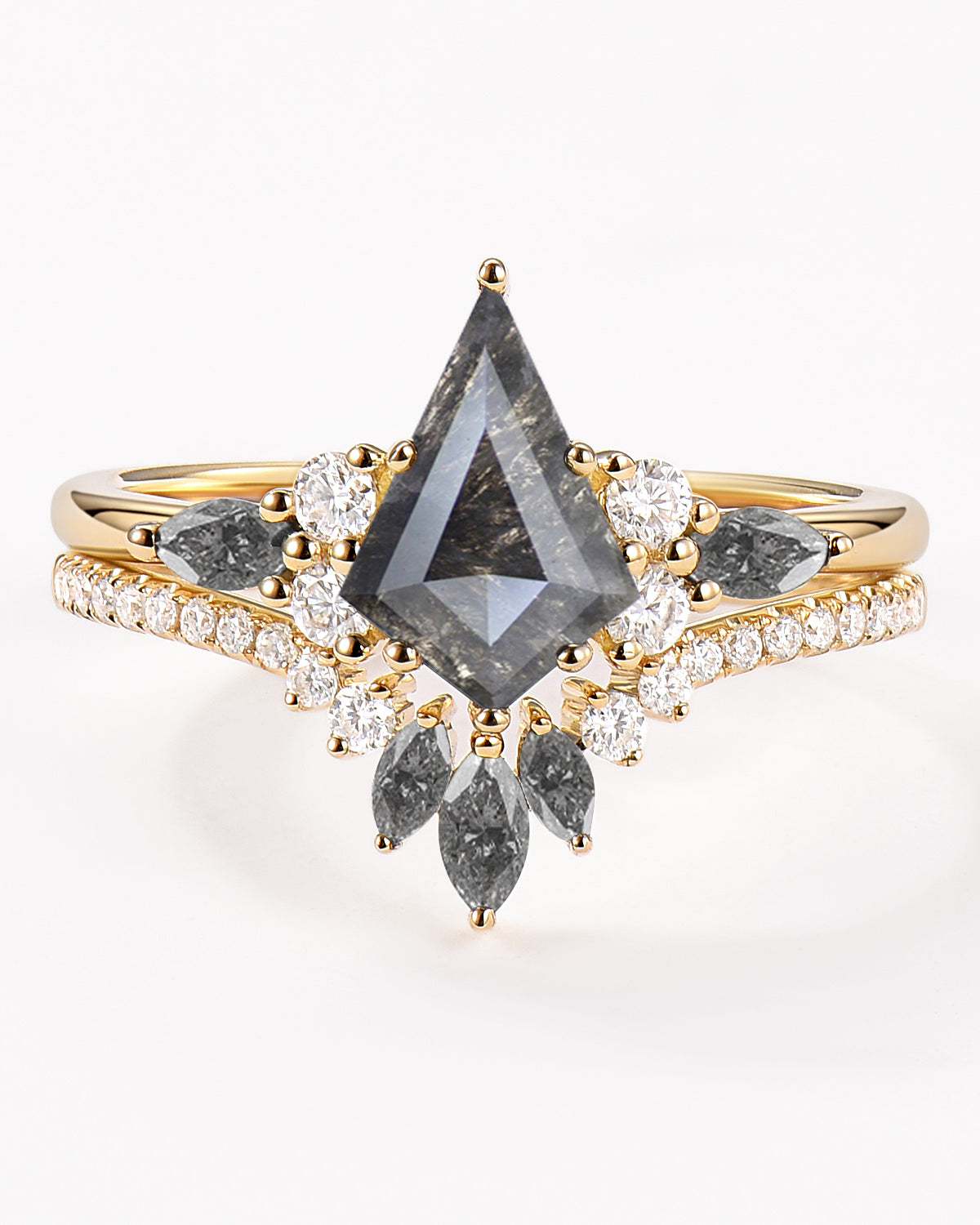 Kite Cut Salt and Pepper Diamonds Cluster Engagement Ring Set 2pcs - Rebecca