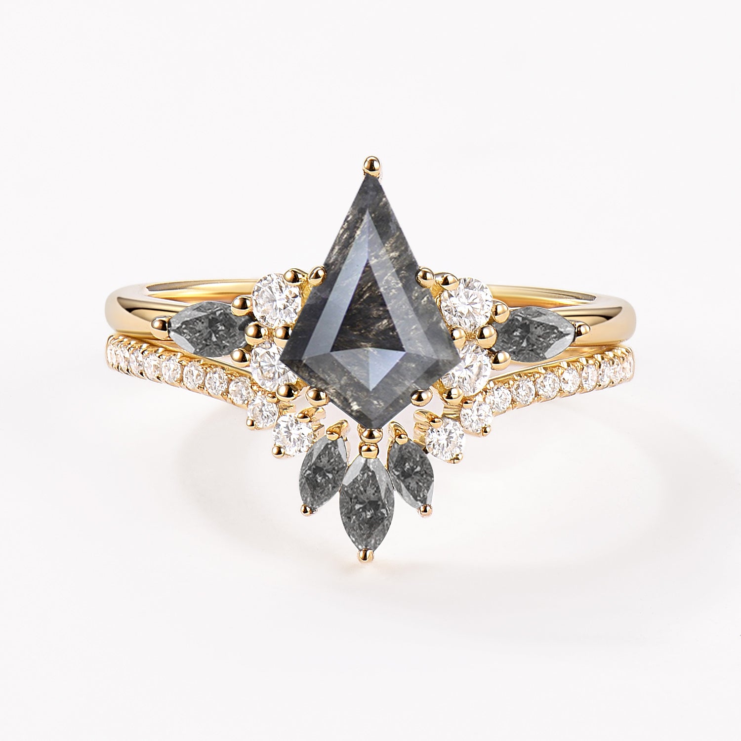 Kite Cut Salt and Pepper Diamonds Cluster Engagement Ring Set 2pcs - Rebecca