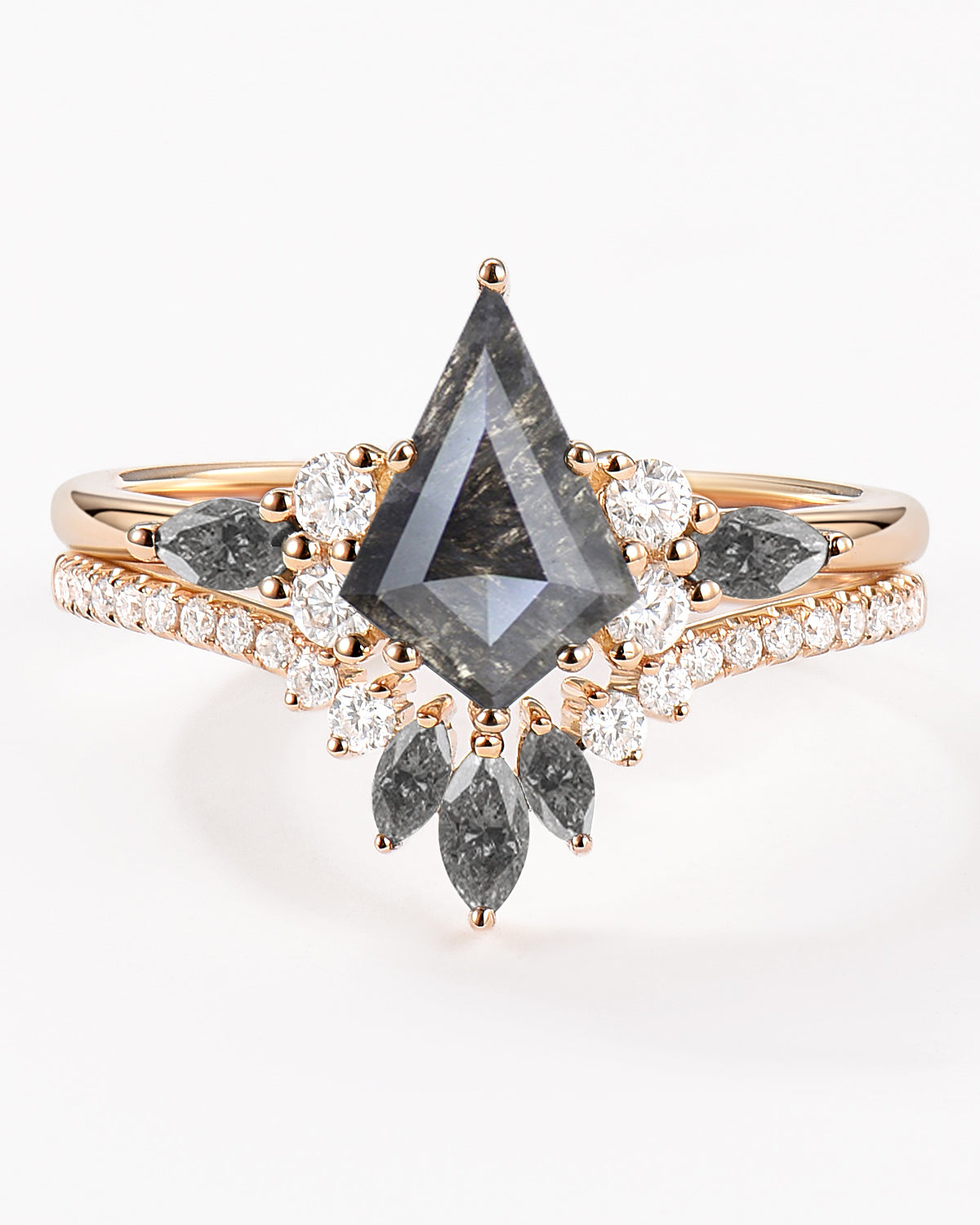 Kite Cut Salt and Pepper Diamonds Cluster Engagement Ring Set 2pcs - Rebecca