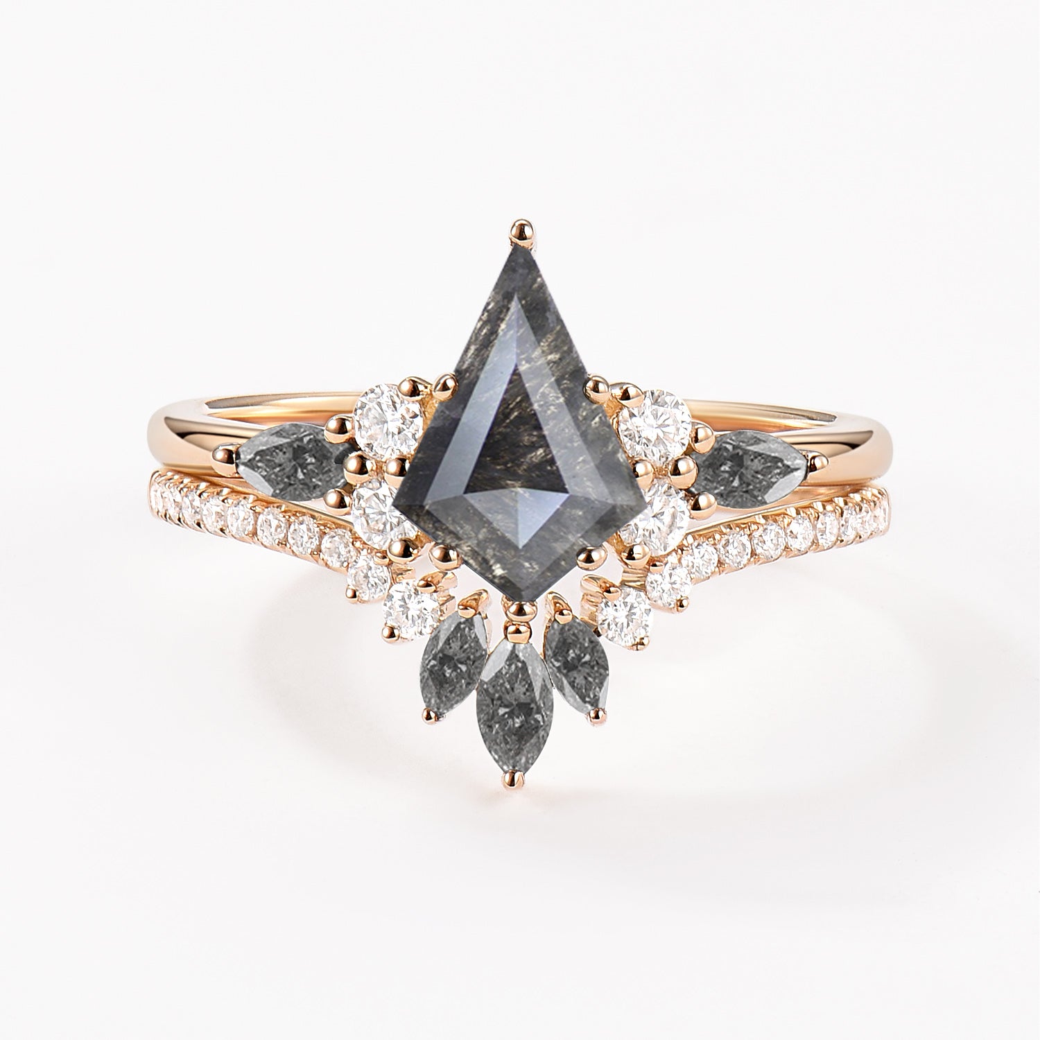 Kite Cut Salt and Pepper Diamonds Cluster Engagement Ring Set 2pcs - Rebecca
