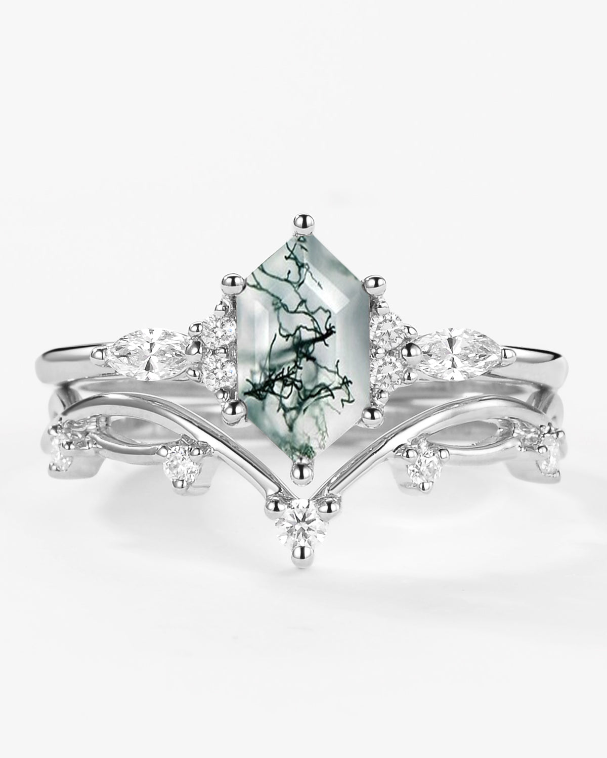 Long Hexagon Moss Agate Leafy Engagement Ring Set 2pcs