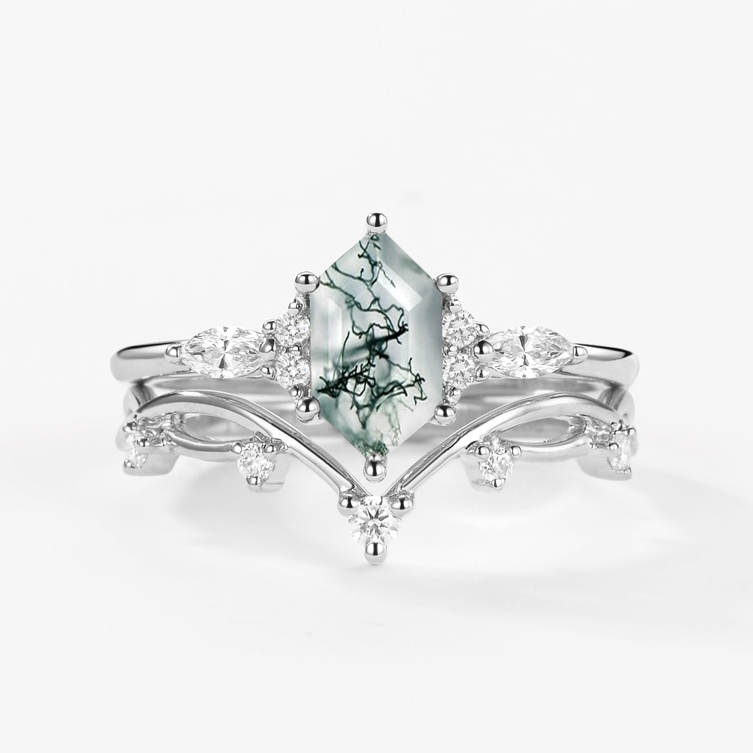 Long Hexagon Moss Agate Leafy Engagement Ring Set 2pcs