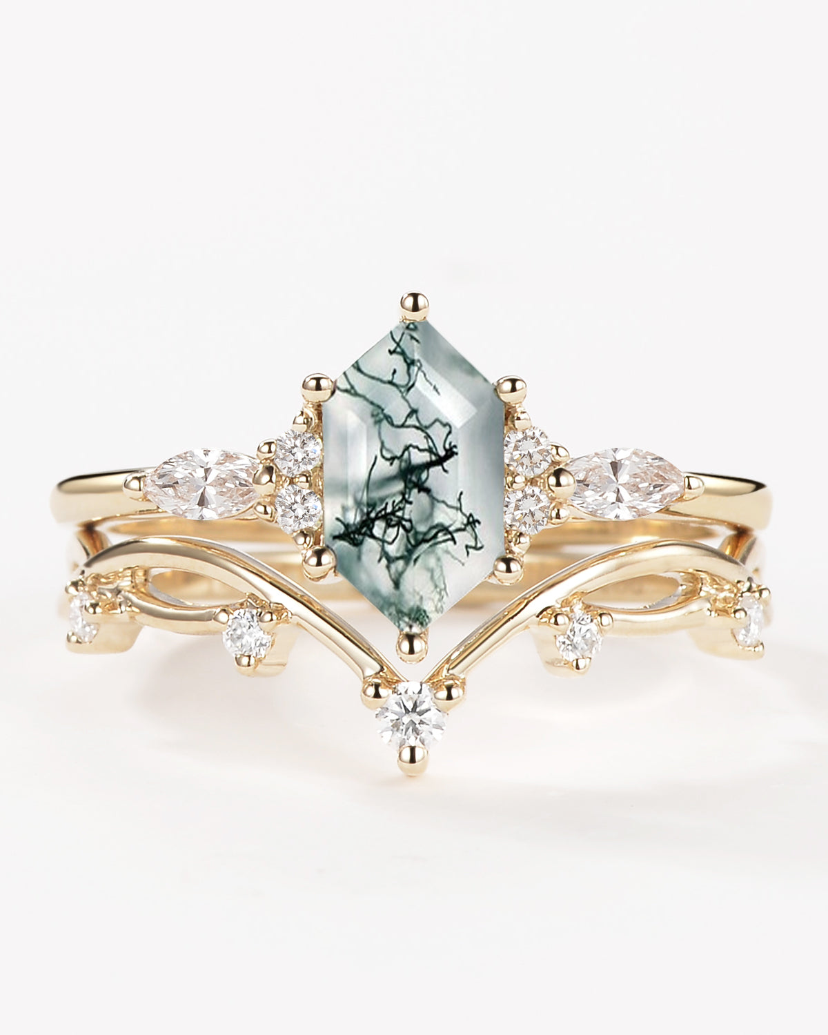 Long Hexagon Moss Agate Leafy Engagement Ring Set 2pcs