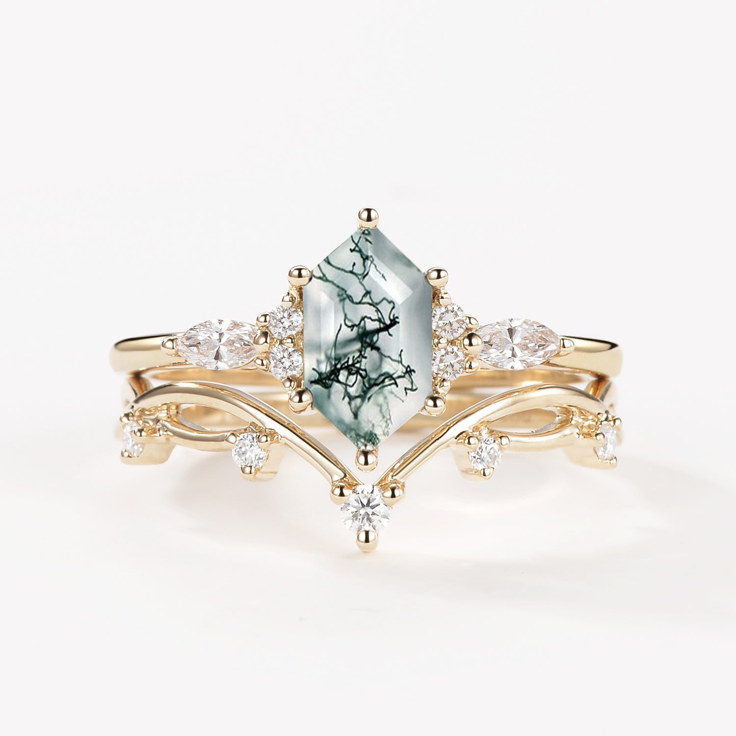 Long Hexagon Moss Agate Leafy Engagement Ring Set 2pcs