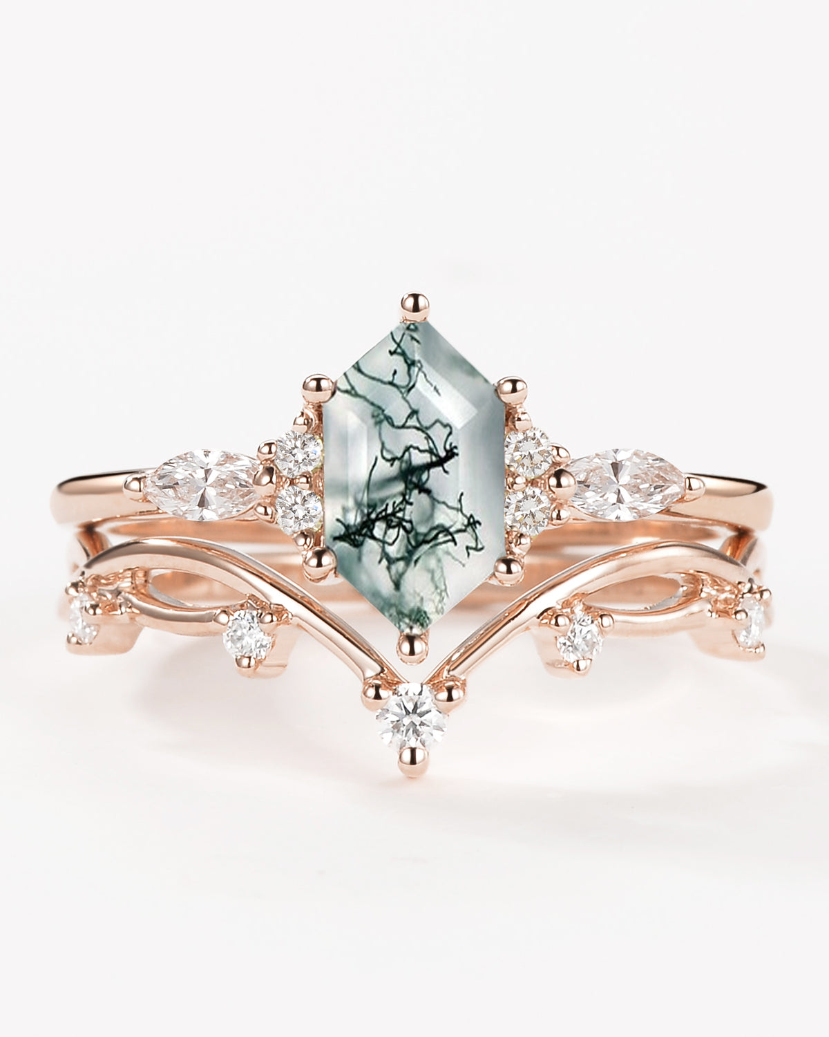Long Hexagon Moss Agate Leafy Engagement Ring Set 2pcs