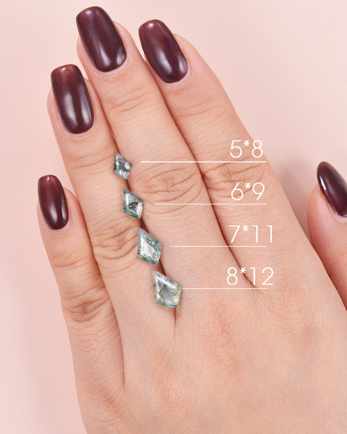 Kite cut moss agate stone size chart