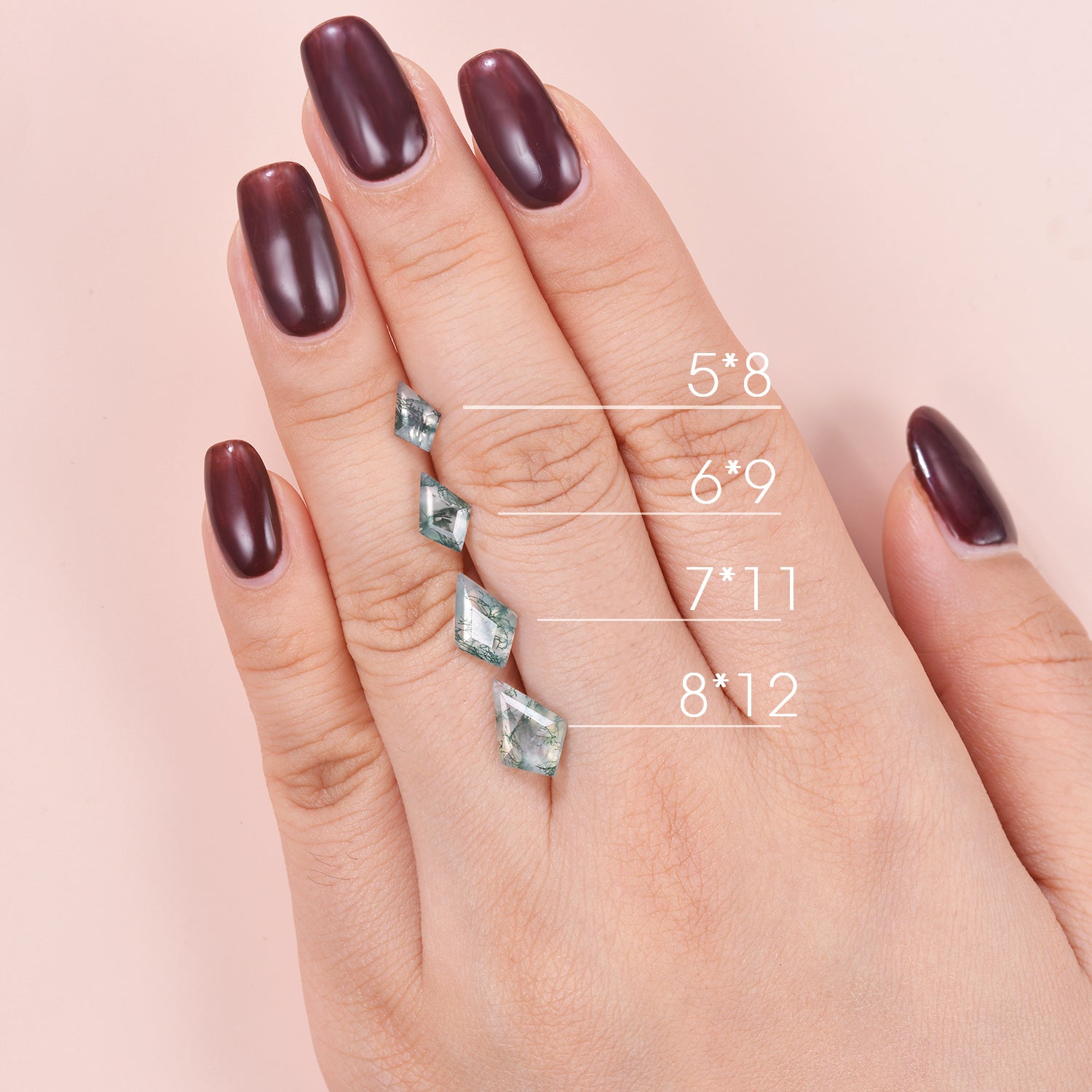 Kite cut moss agate stone size chart