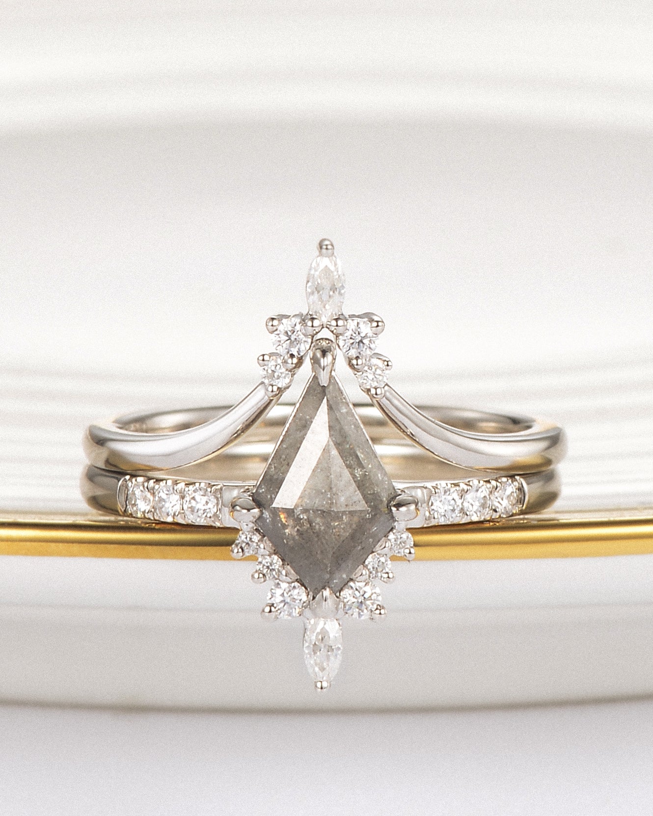 Salt and Pepper Diamonds Kite Cut Engagement Ring Set 2pcs
