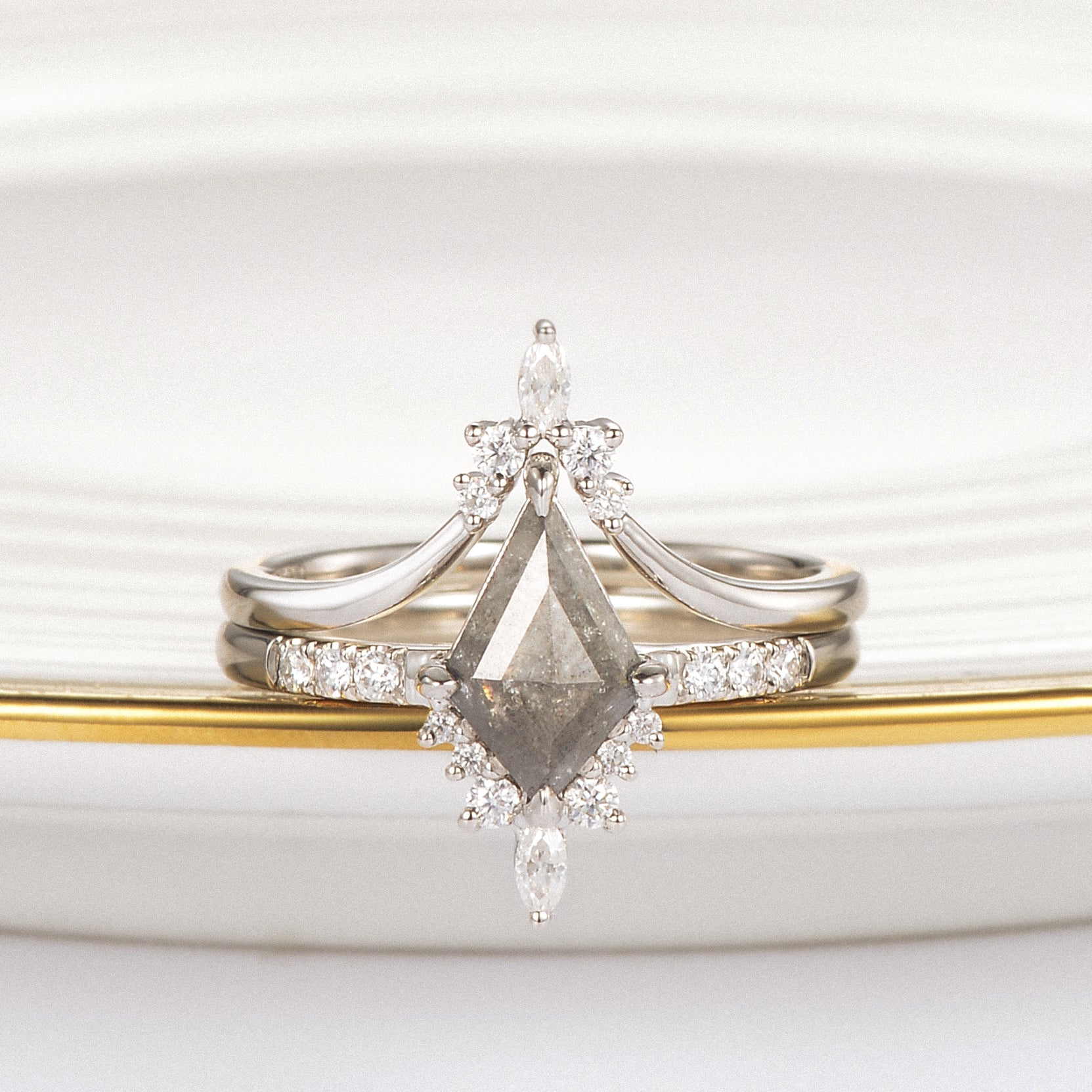 Salt and Pepper Diamonds Kite Cut Engagement Ring Set 2pcs
