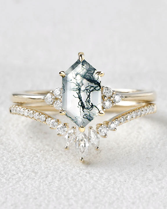 Long Hexagon Moss Agate Bridal Ring Set 2pcs