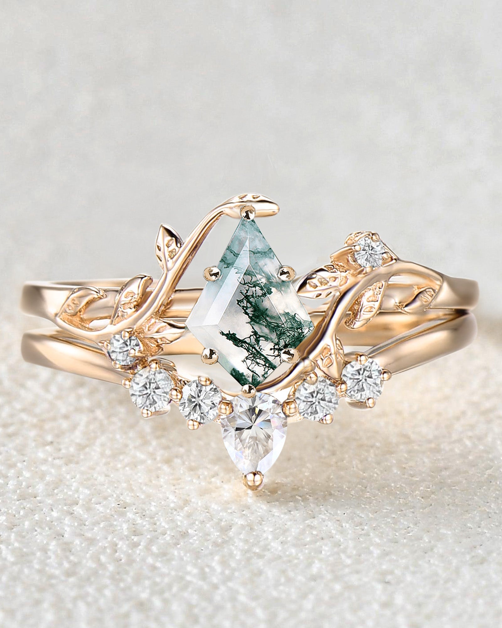 Unique Kite Cut Moss Agate Leafy Engagement Ring