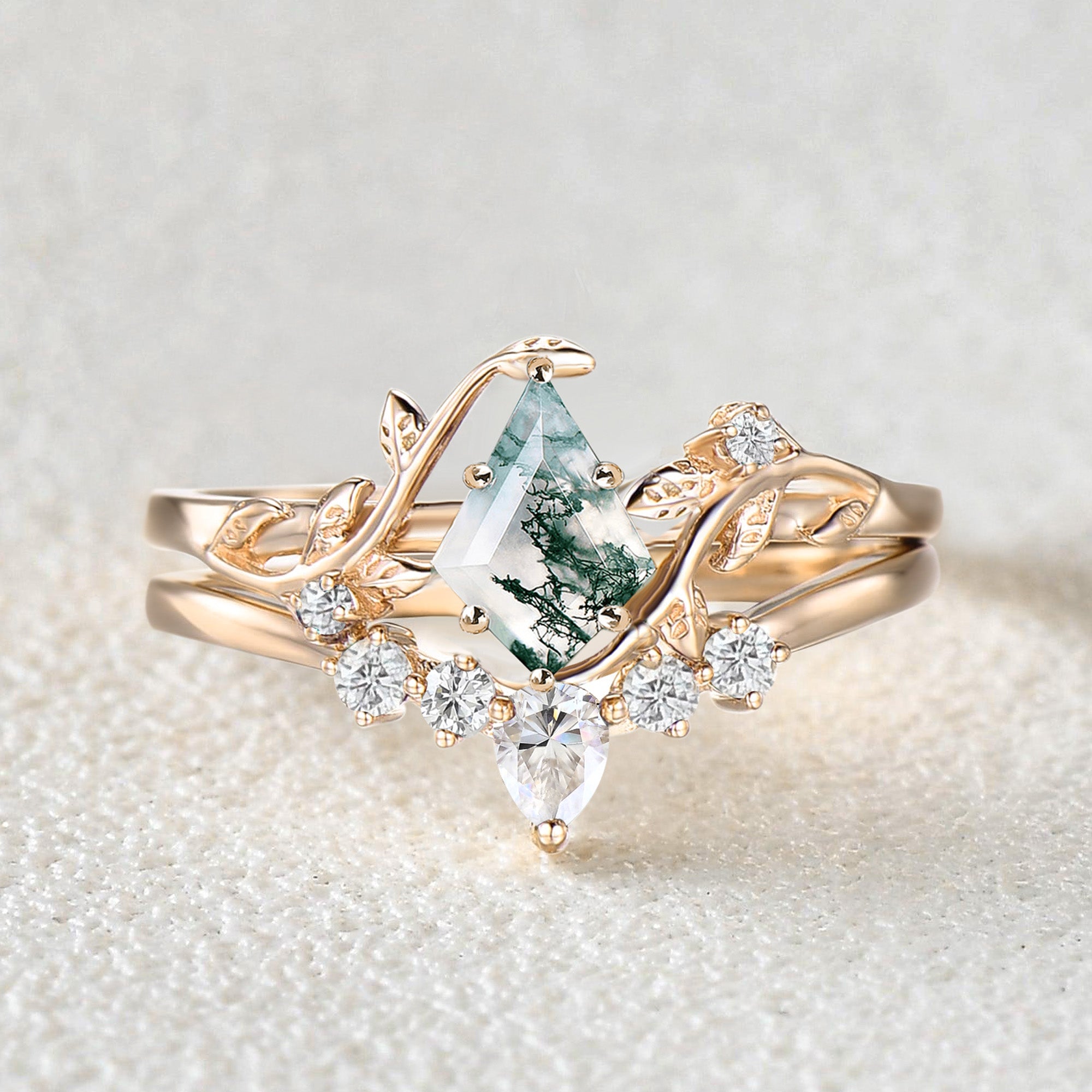 Unique Kite Cut Moss Agate Leafy Engagement Ring