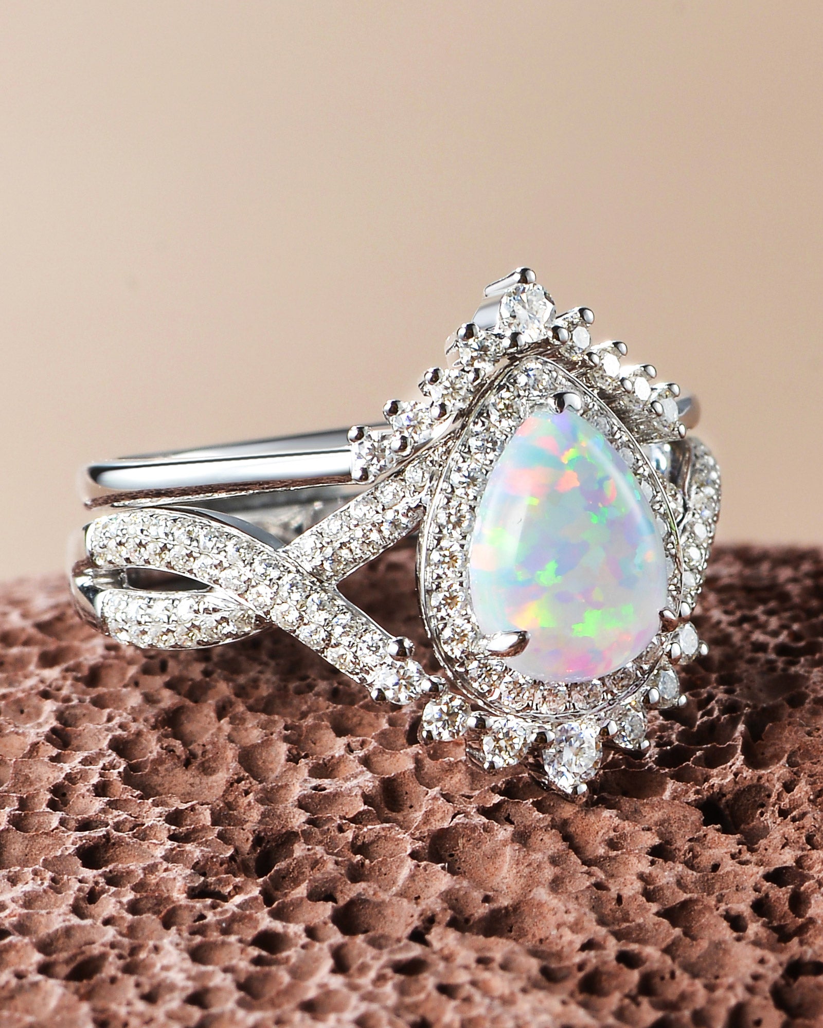 Pear Opal Halo Infinity Ring Set 2pcs - Valentina