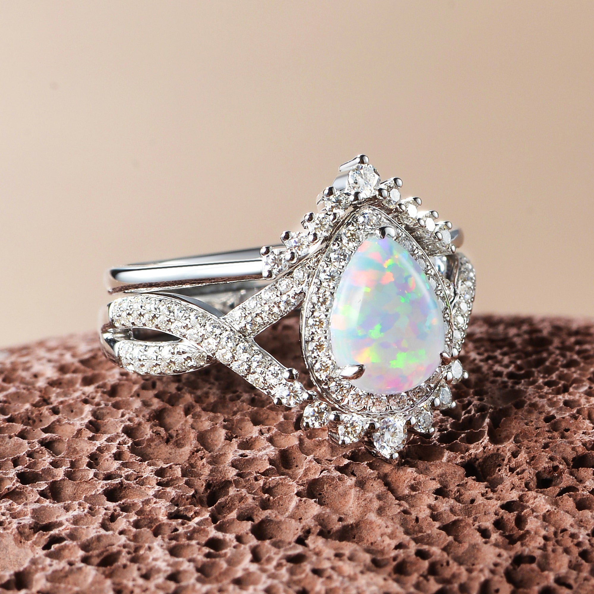 Pear Opal Halo Infinity Ring Set 2pcs - Valentina