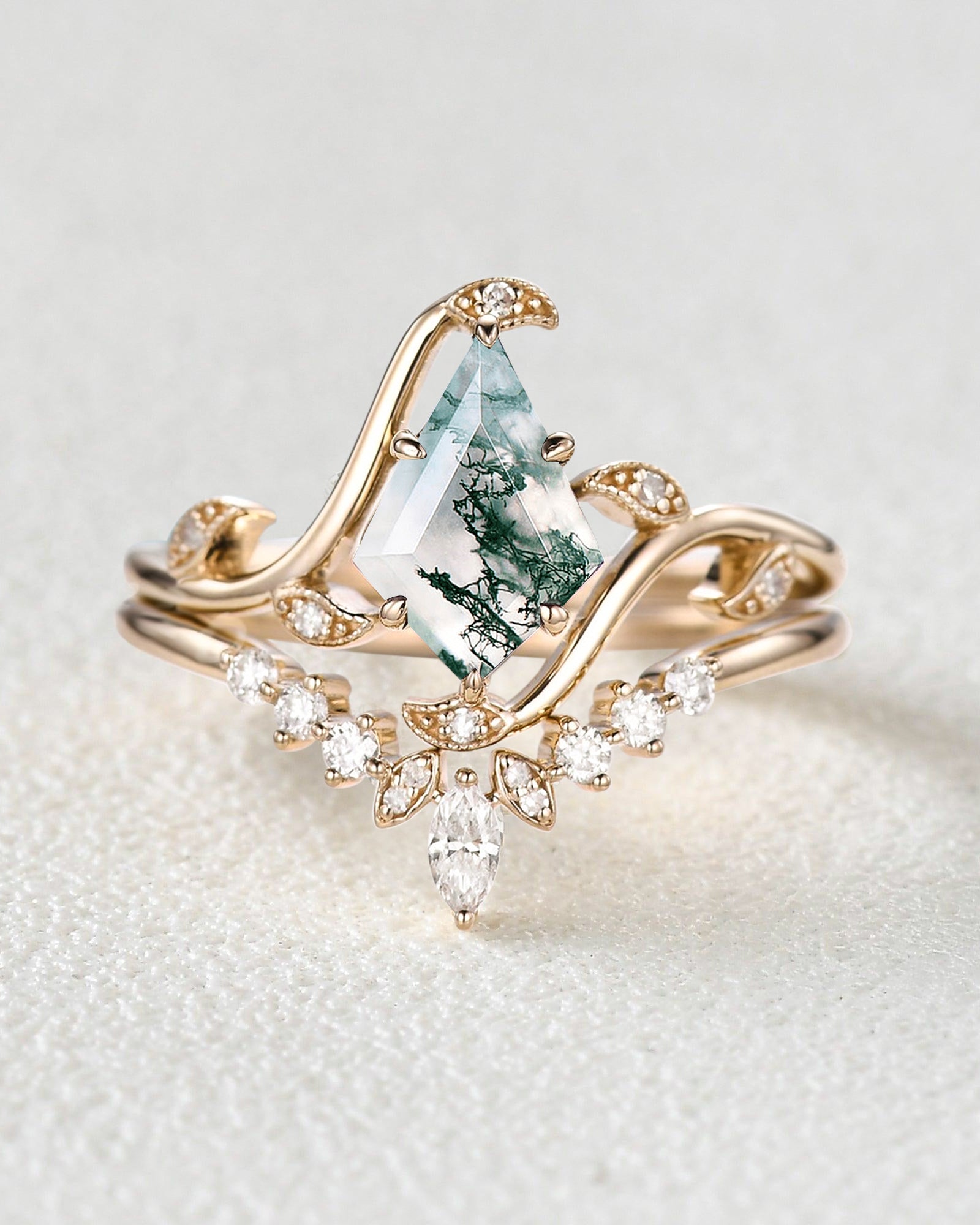 Unique Kite Cut Moss Agate Leafy Engagement Ring Sets 2pcs - Ivy