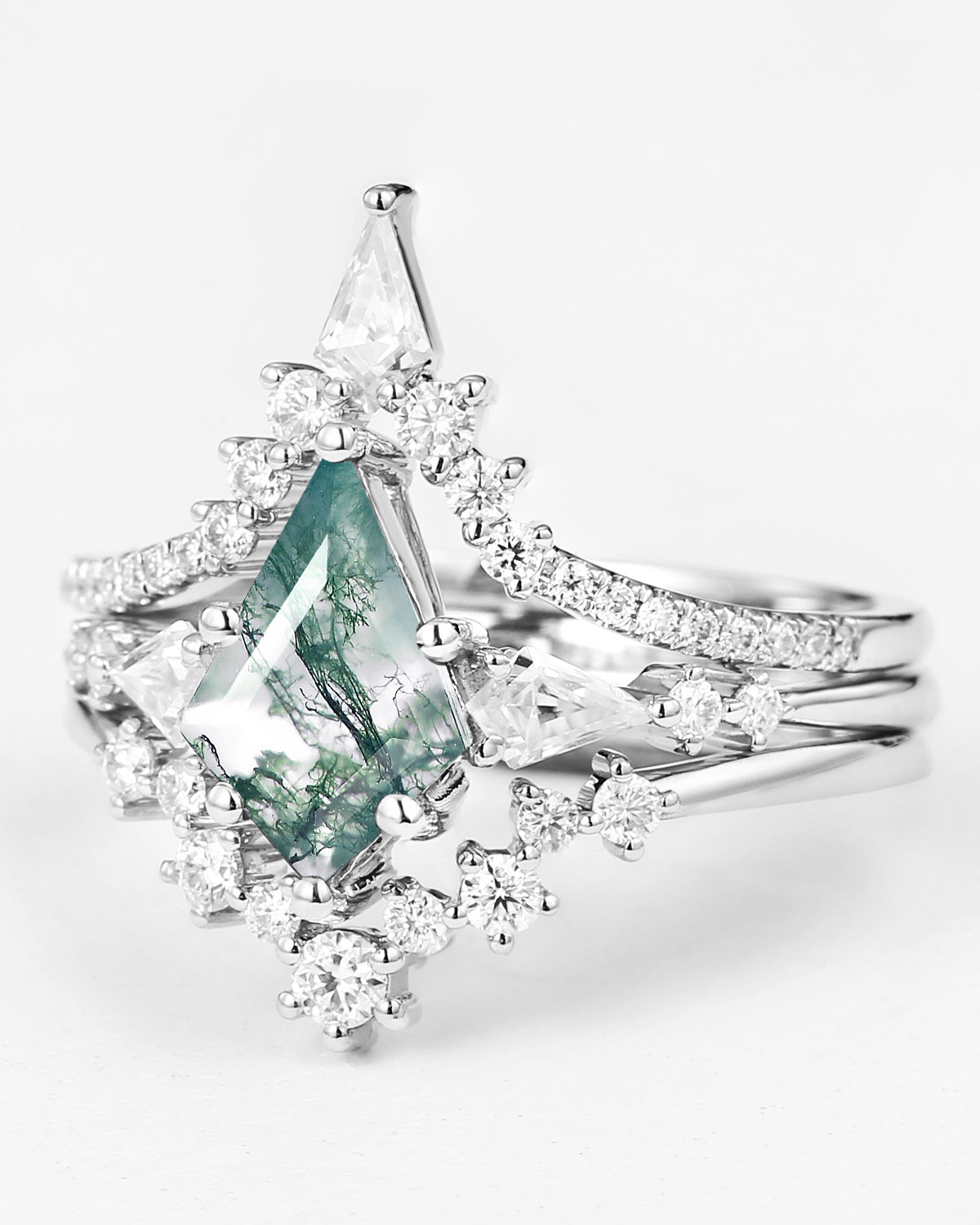 Kite Cut Moss Agate Engagement Ring Set 3pcs