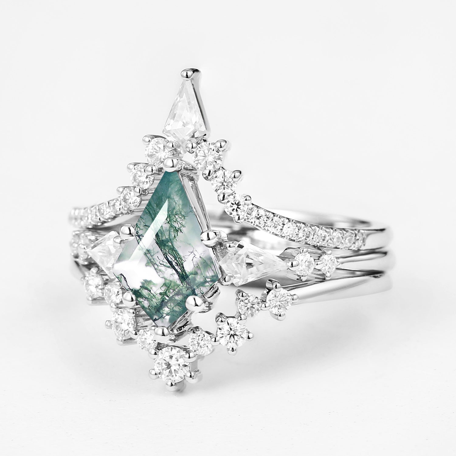 Kite Cut Moss Agate Engagement Ring Set 3pcs