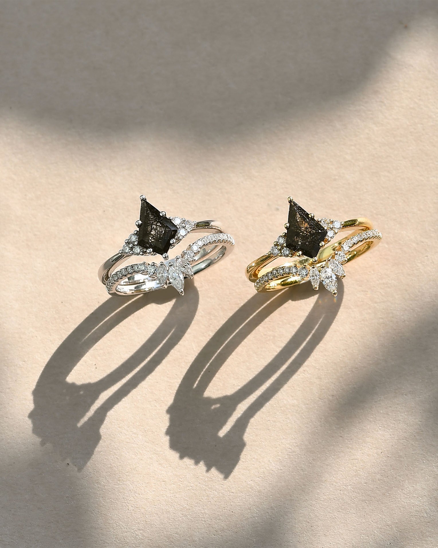 Unique black rutilated quartz Engagement Ring Set 2pcs - Lydia