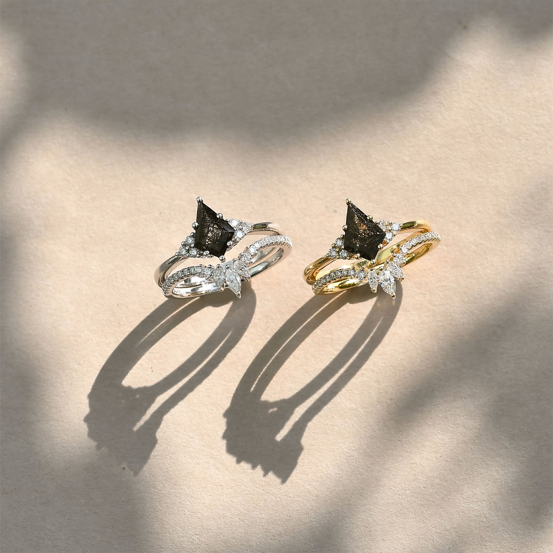 Unique black rutilated quartz Engagement Ring Set 2pcs - Lydia