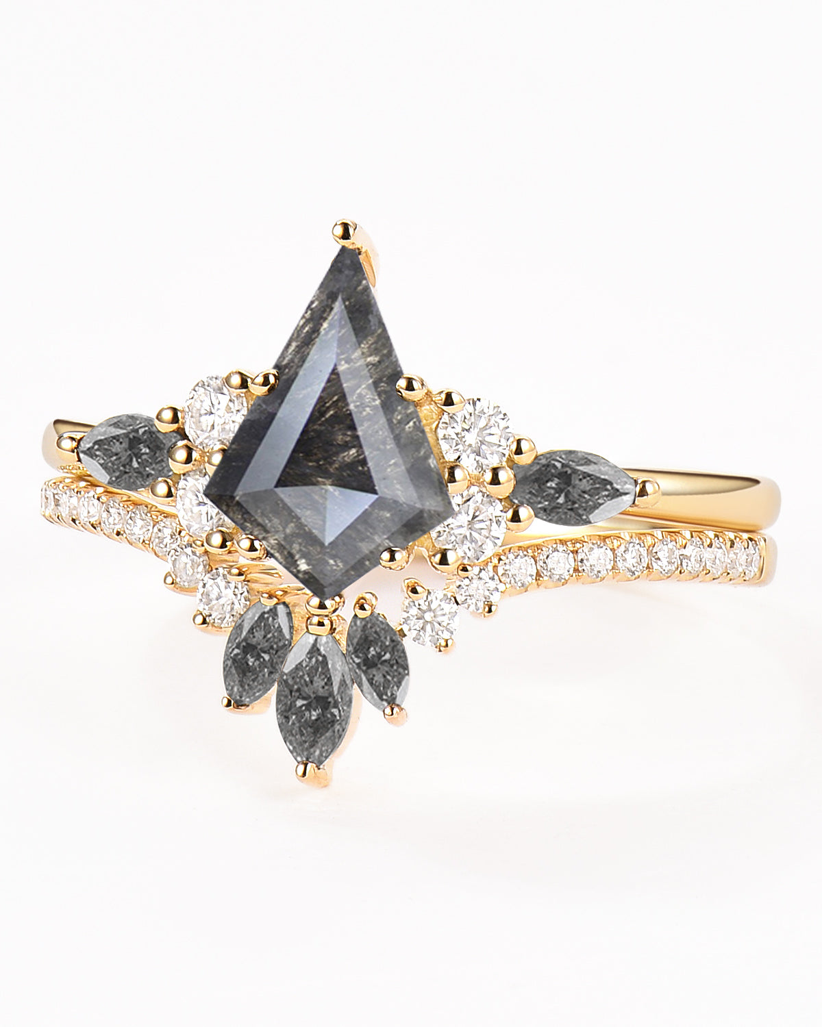 Kite Cut Salt and Pepper Diamonds Cluster Engagement Ring Set 2pcs - Rebecca