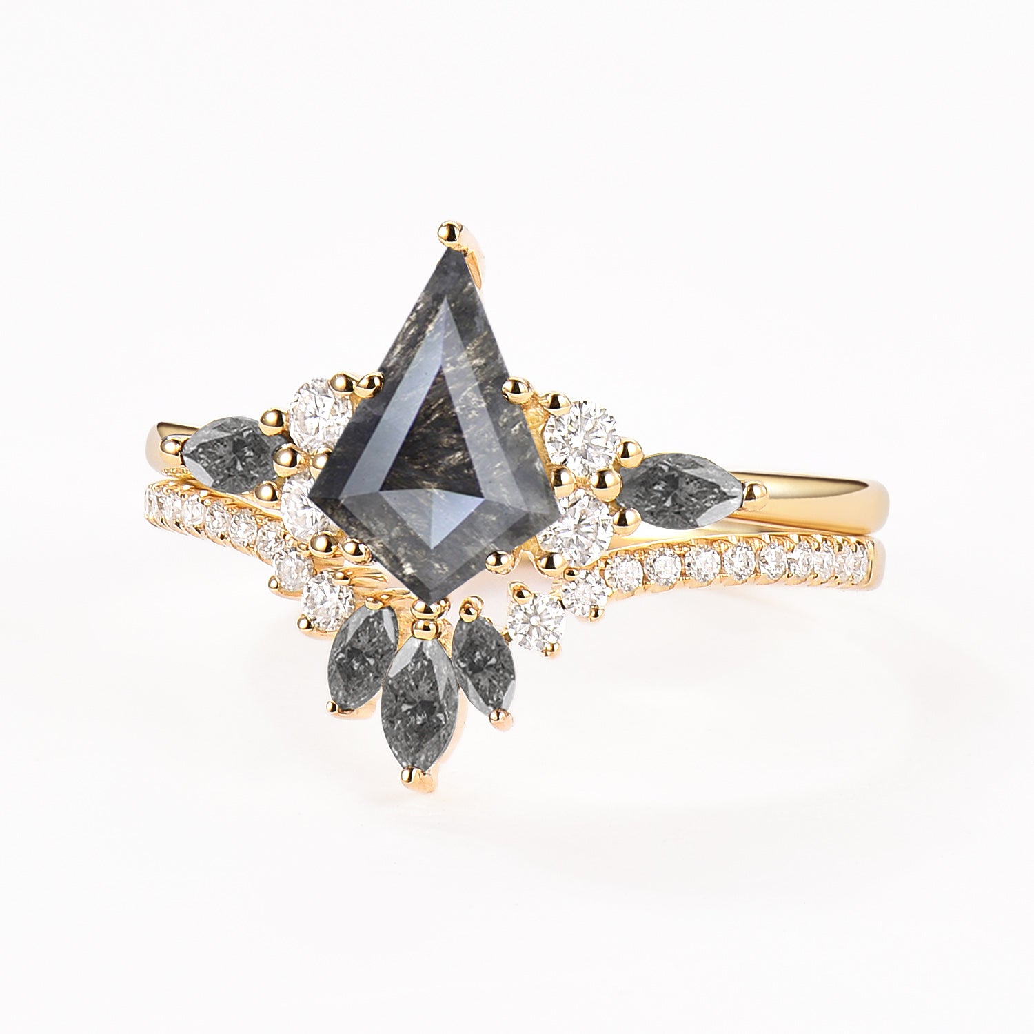 Kite Cut Salt and Pepper Diamonds Cluster Engagement Ring Set 2pcs - Rebecca