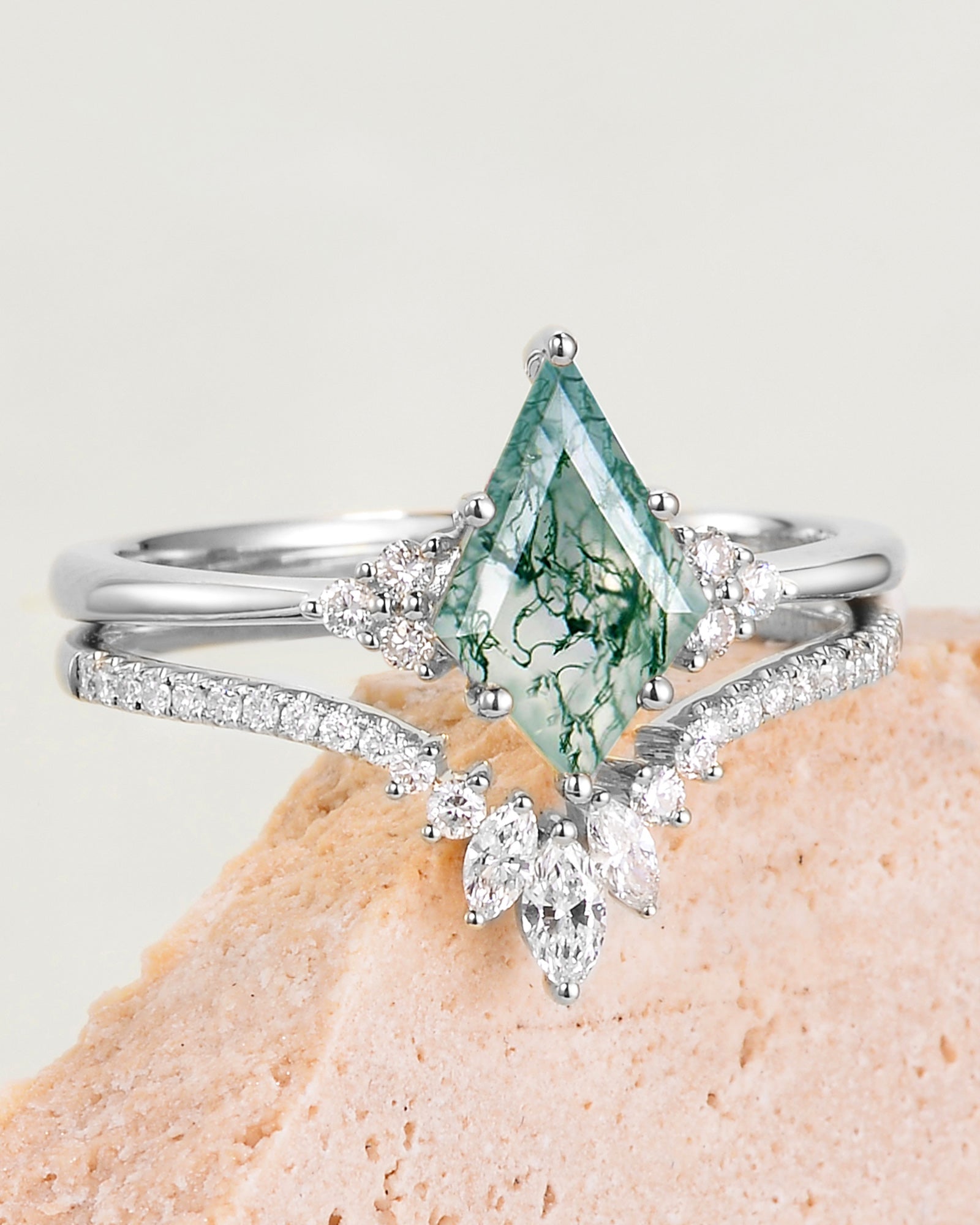 Unique Moss Agate Engagement Ring Set 2pcs - Lydia