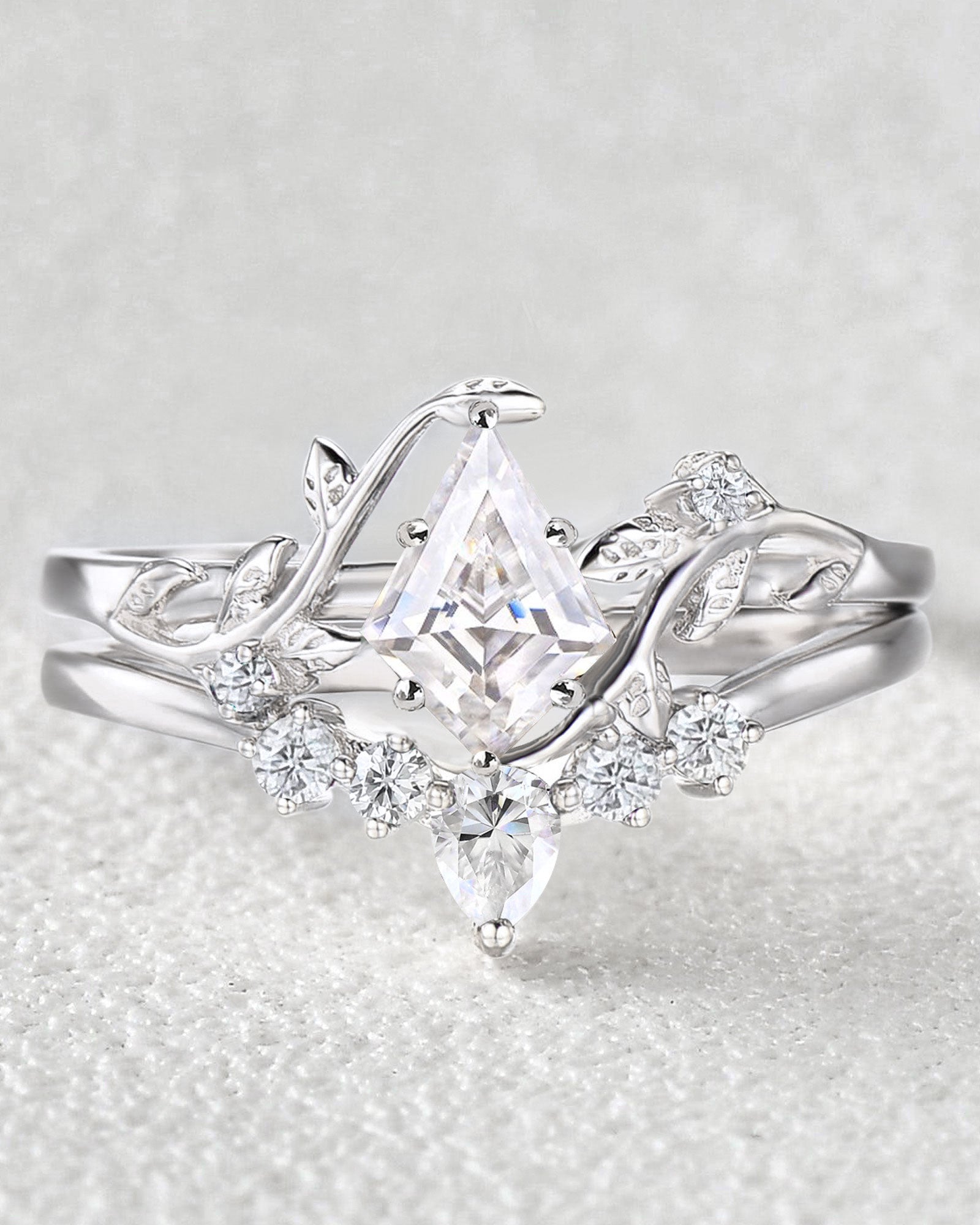 Unique Kite Cut Moissanite Leafy Engagement Ring