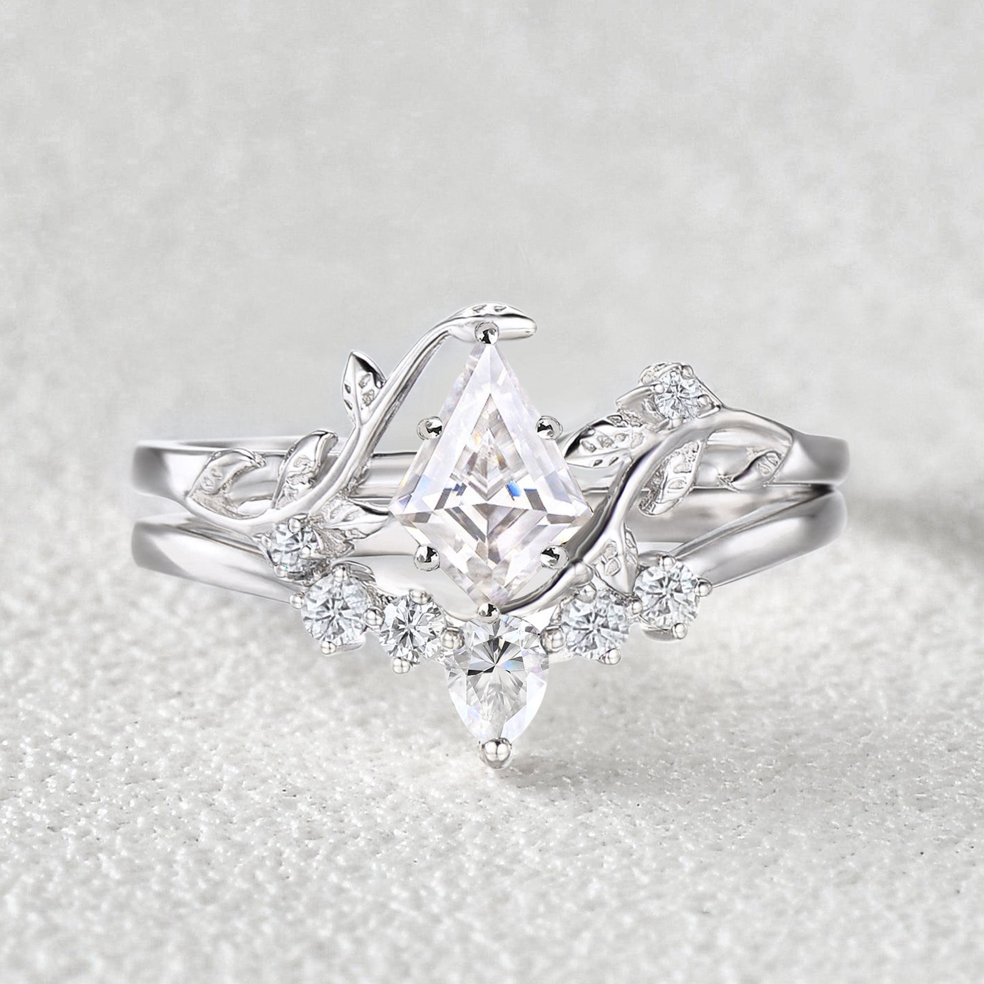 Unique Kite Cut Moissanite Leafy Engagement Ring