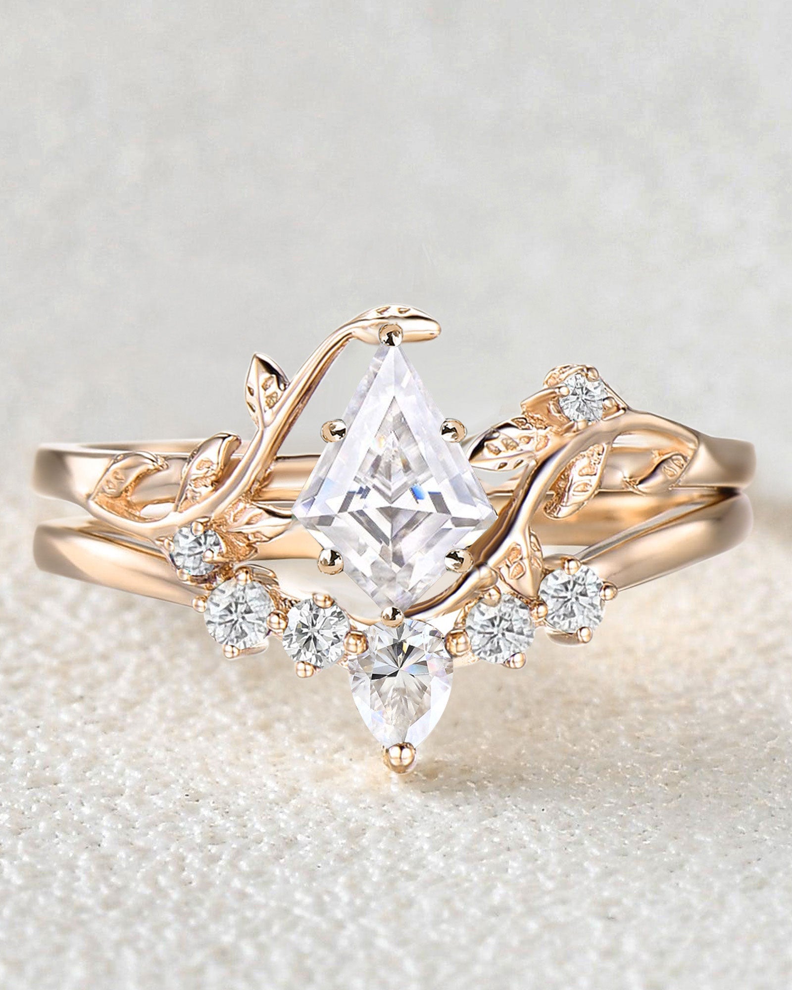 Unique Kite Cut Moissanite Leafy Engagement Ring