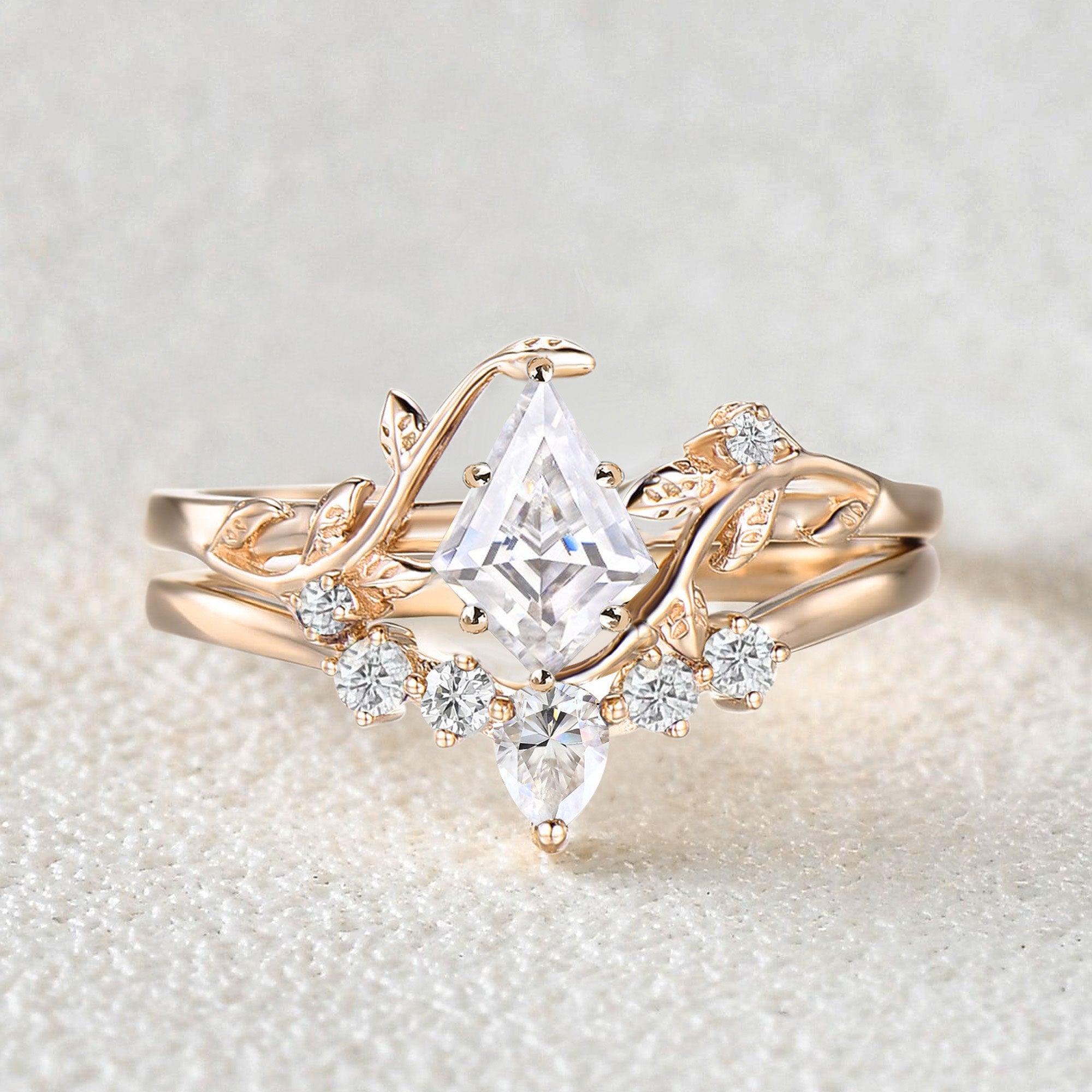 Unique Kite Cut Moissanite Leafy Engagement Ring