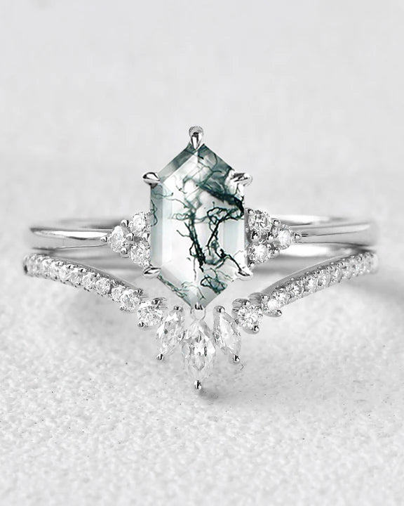 Long Hexagon Moss Agate Bridal Ring Set 2pcs