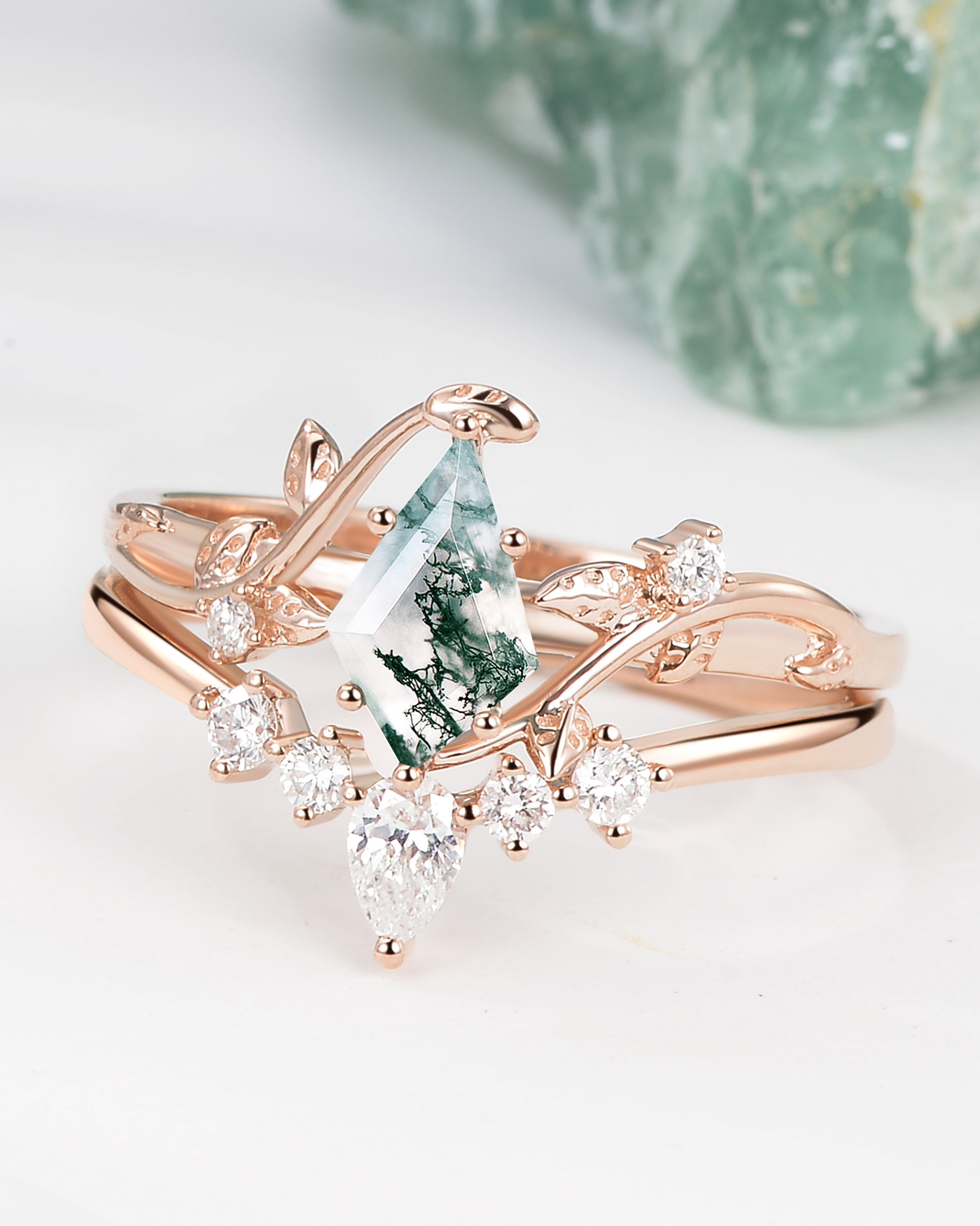 Unique Kite Cut Moss Agate Leafy Bridal Ring Sets 2pcs - Willow