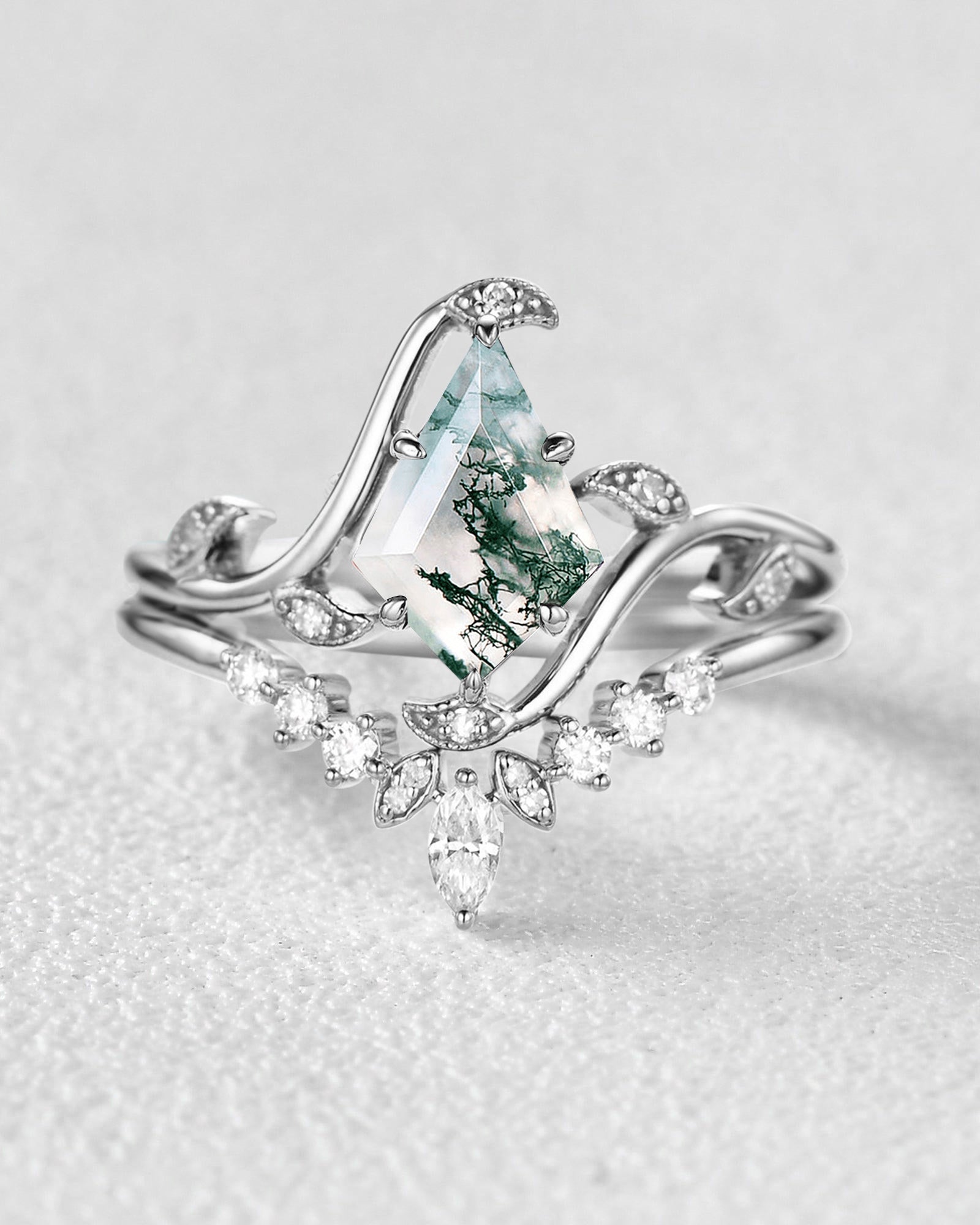 Unique Kite Cut Moss Agate Leafy Engagement Ring Sets 2pcs - Ivy