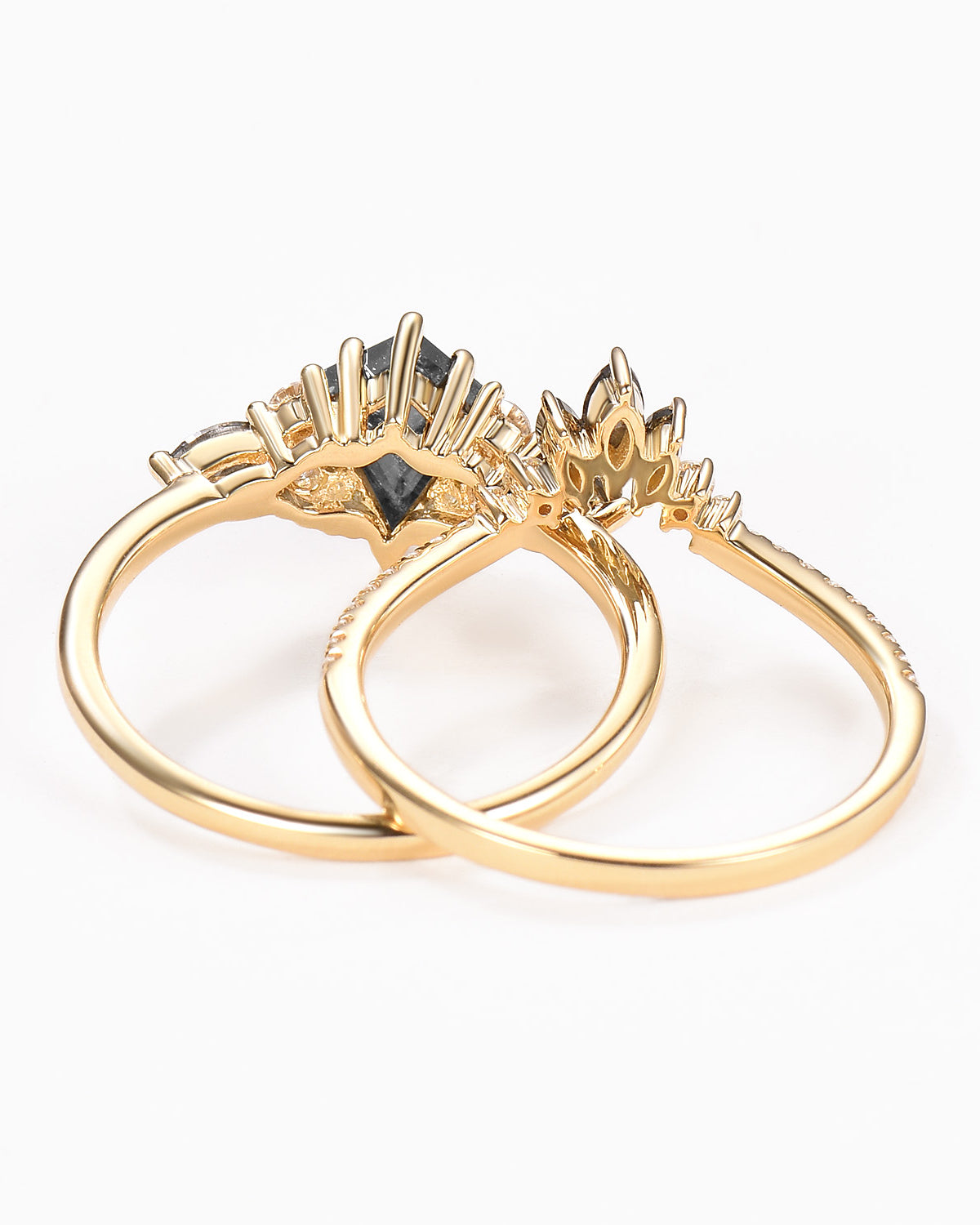 Kite Cut Salt and Pepper Diamonds Cluster Engagement Ring Set 2pcs - Rebecca