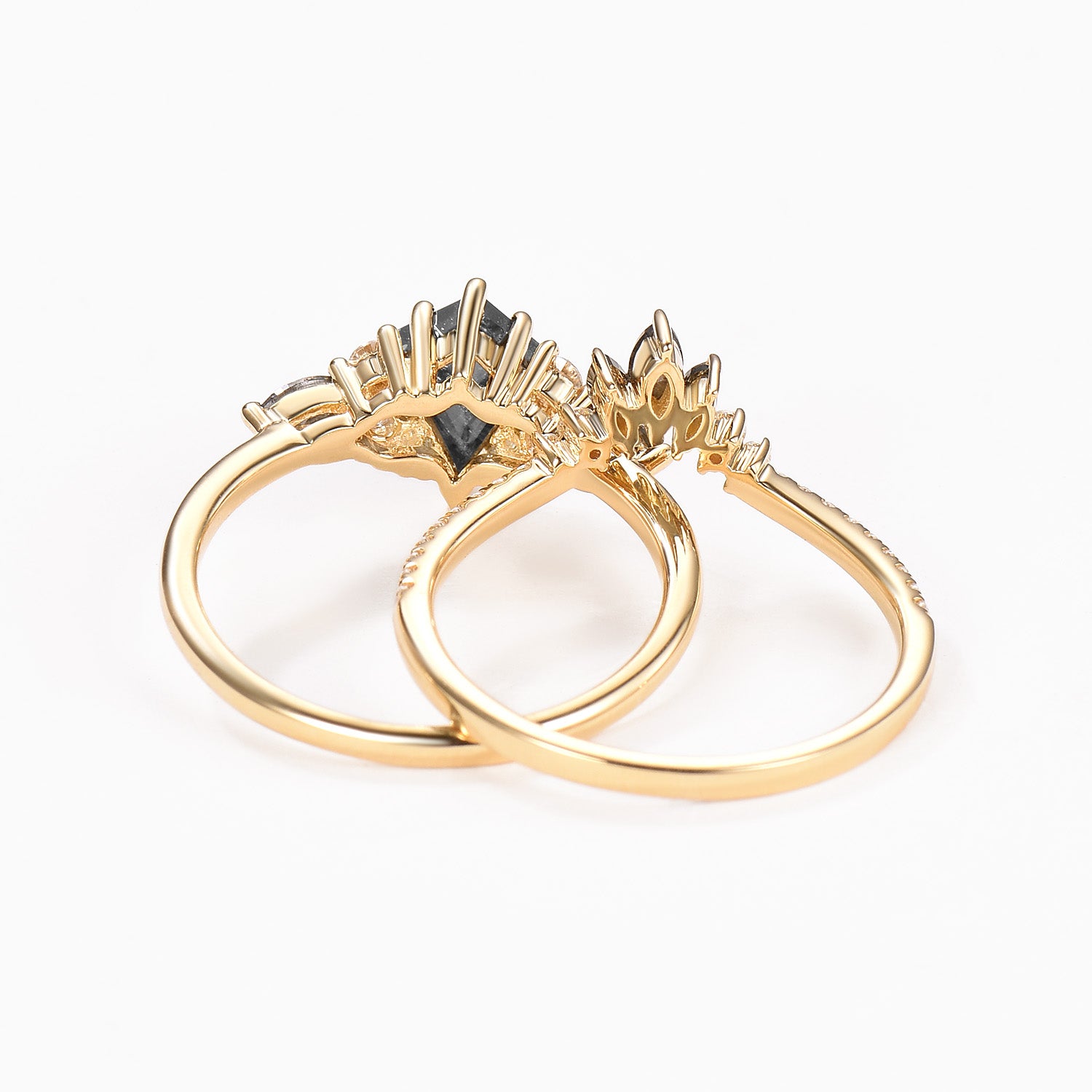 Kite Cut Salt and Pepper Diamonds Cluster Engagement Ring Set 2pcs - Rebecca