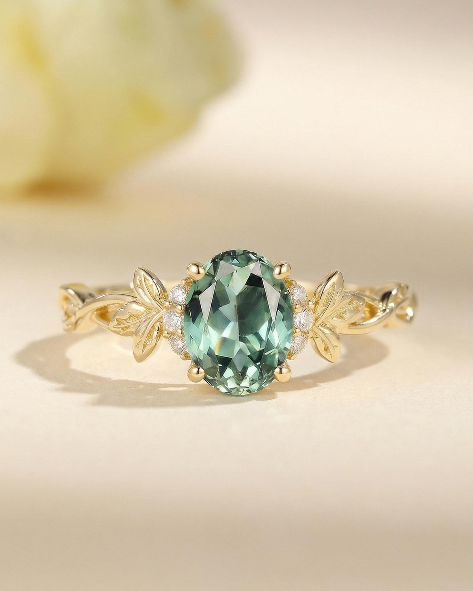 lab green sapphire leafy engagement ring